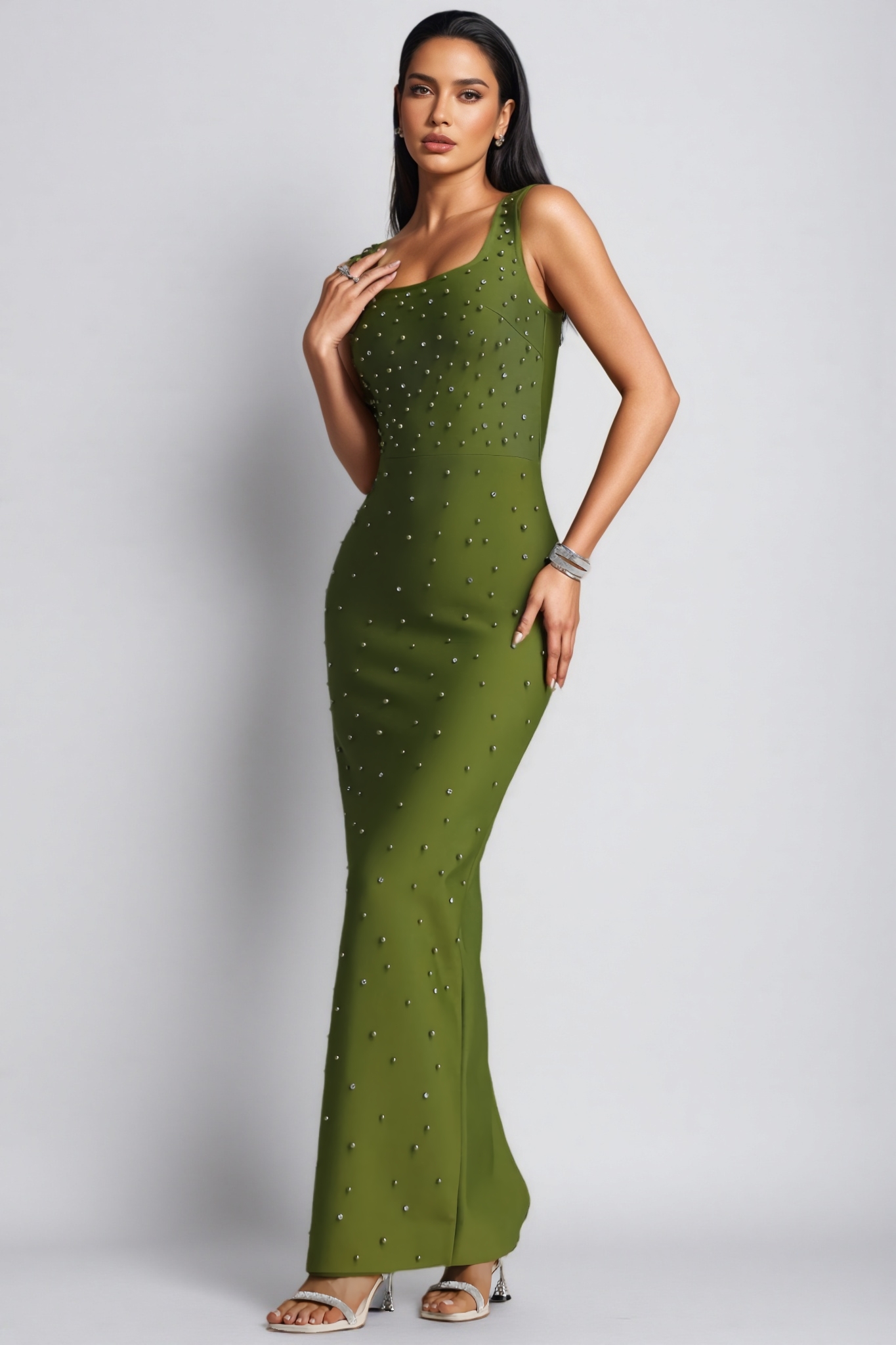 Getal Green Pearl Beaded Bandage Maxi Dress