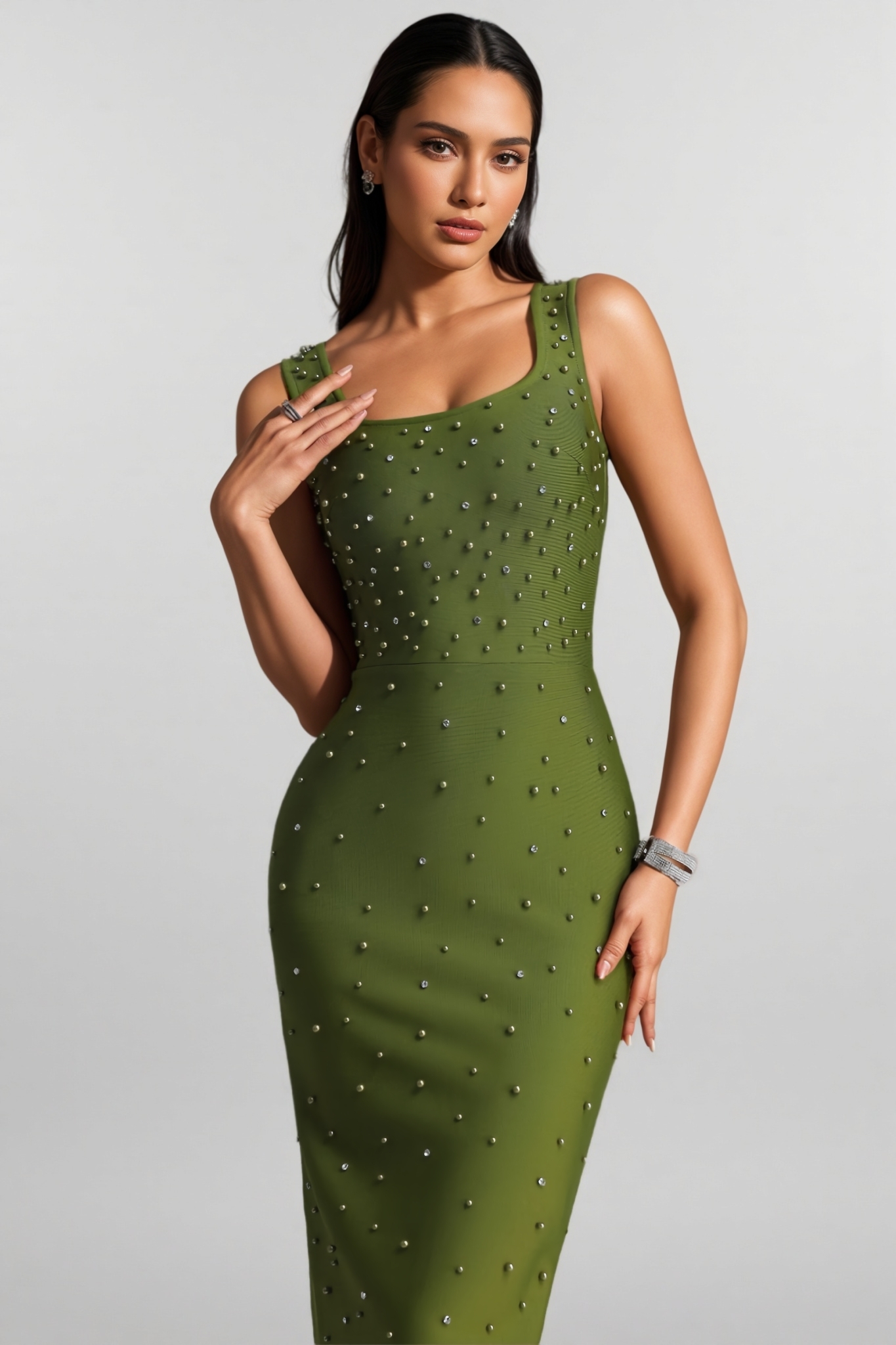 Getal Green Pearl Beaded Bandage Maxi Dress