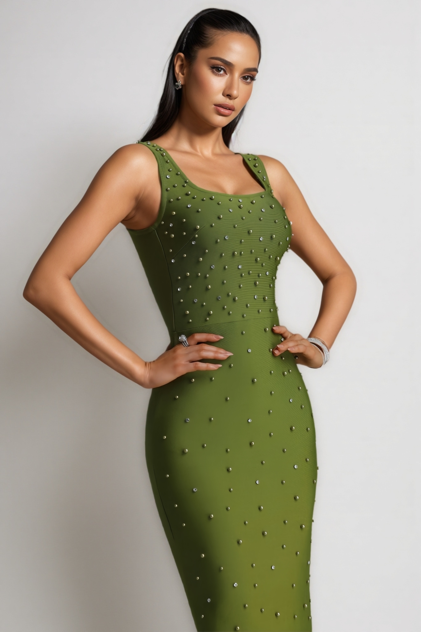 Getal Green Pearl Beaded Bandage Maxi Dress