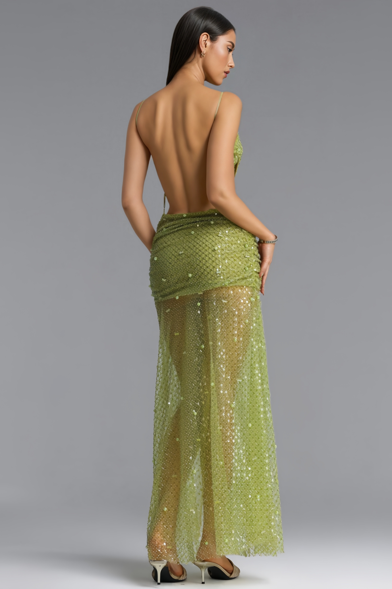 Ouere Green Halter Sequin Maxi Dress