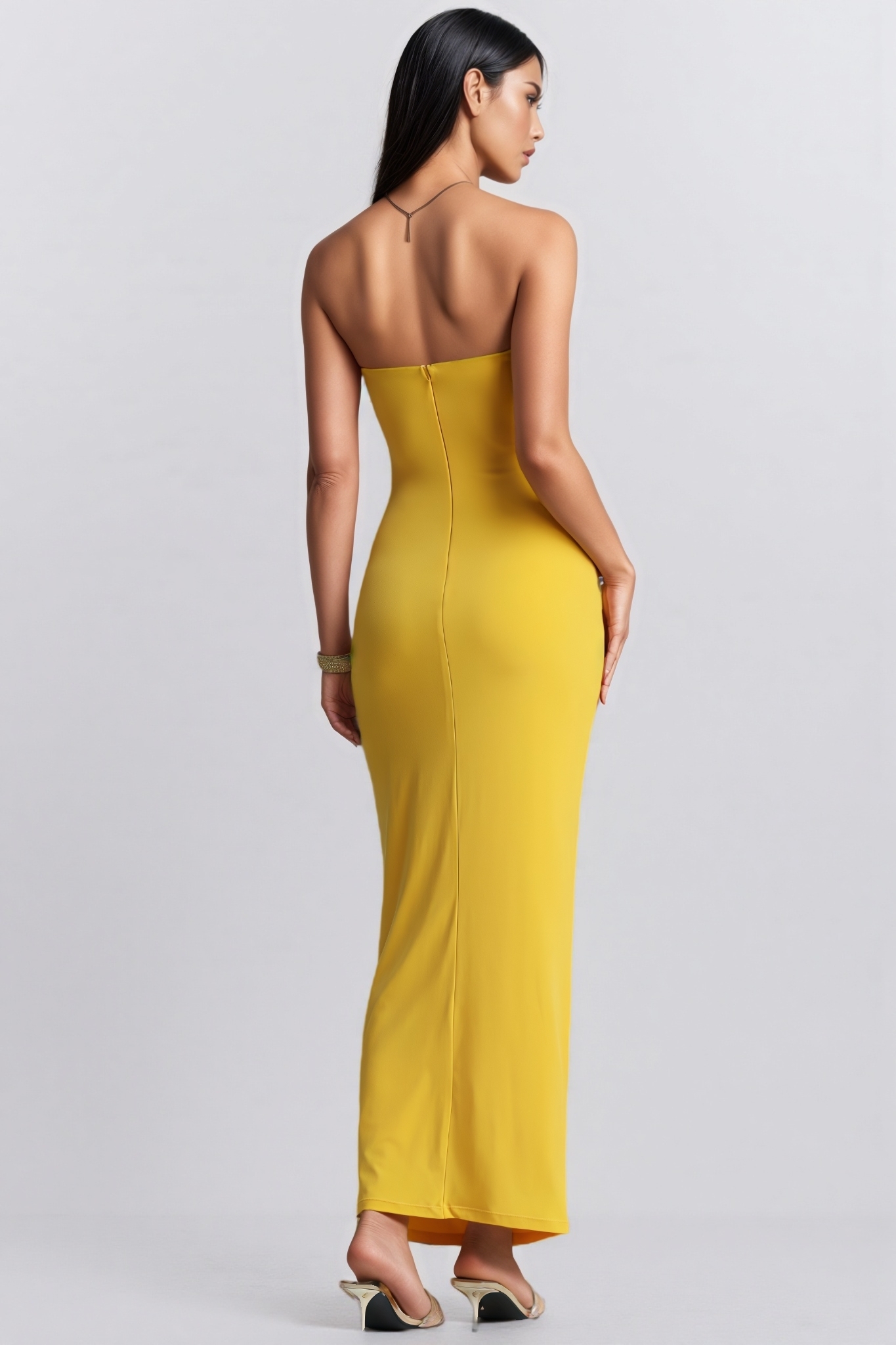 Bivenx Yellow Strapless Cut Out Ruched Maxi Dress