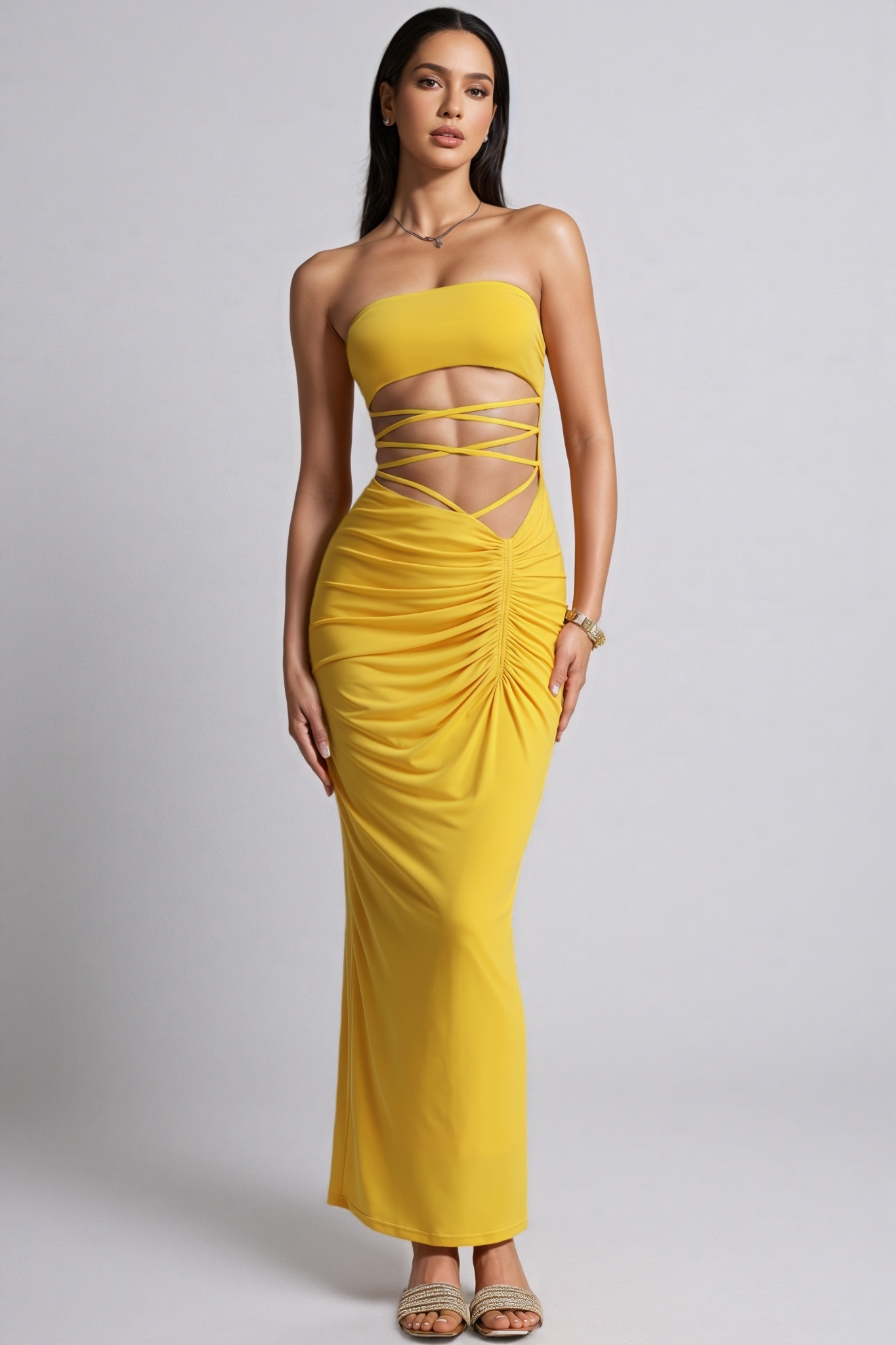 Bivenx Yellow Strapless Cut Out Ruched Maxi Dress