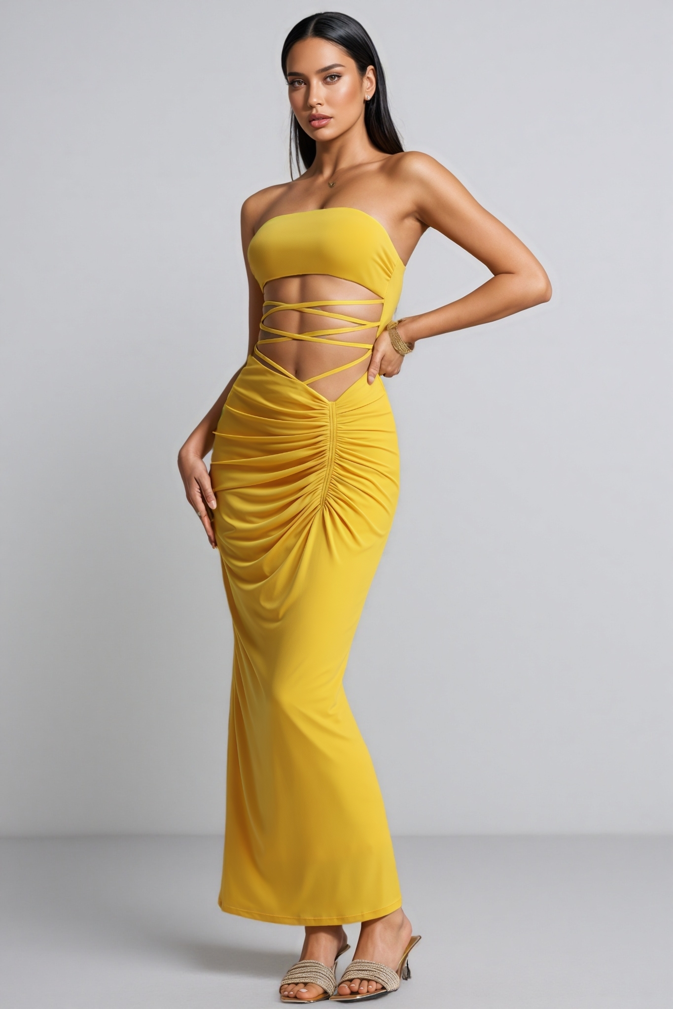 Bivenx Yellow Strapless Cut Out Ruched Maxi Dress