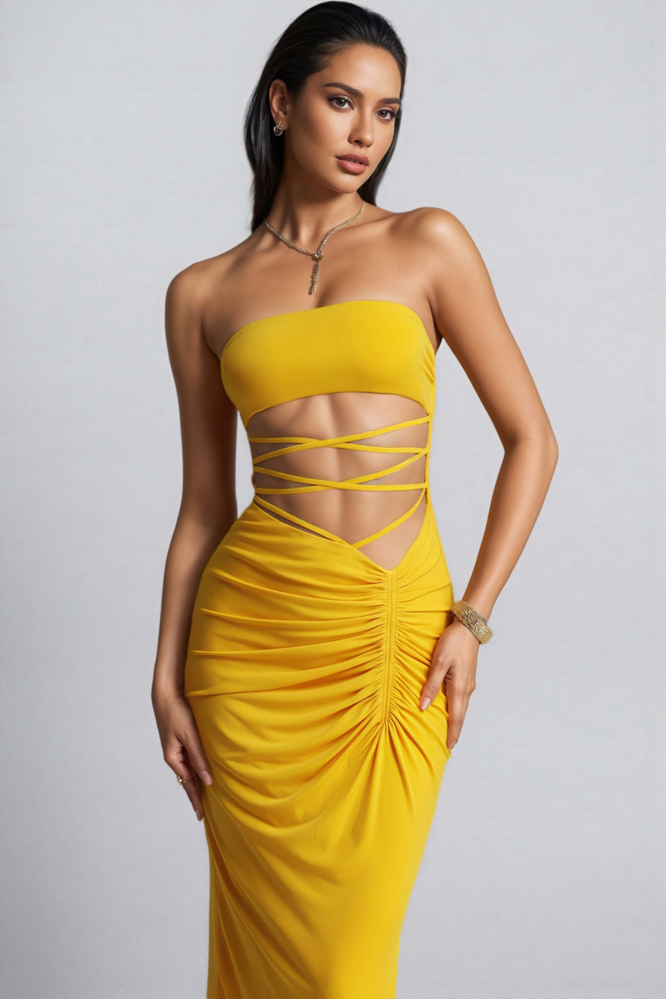Bivenx Yellow Strapless Cut Out Ruched Maxi Dress
