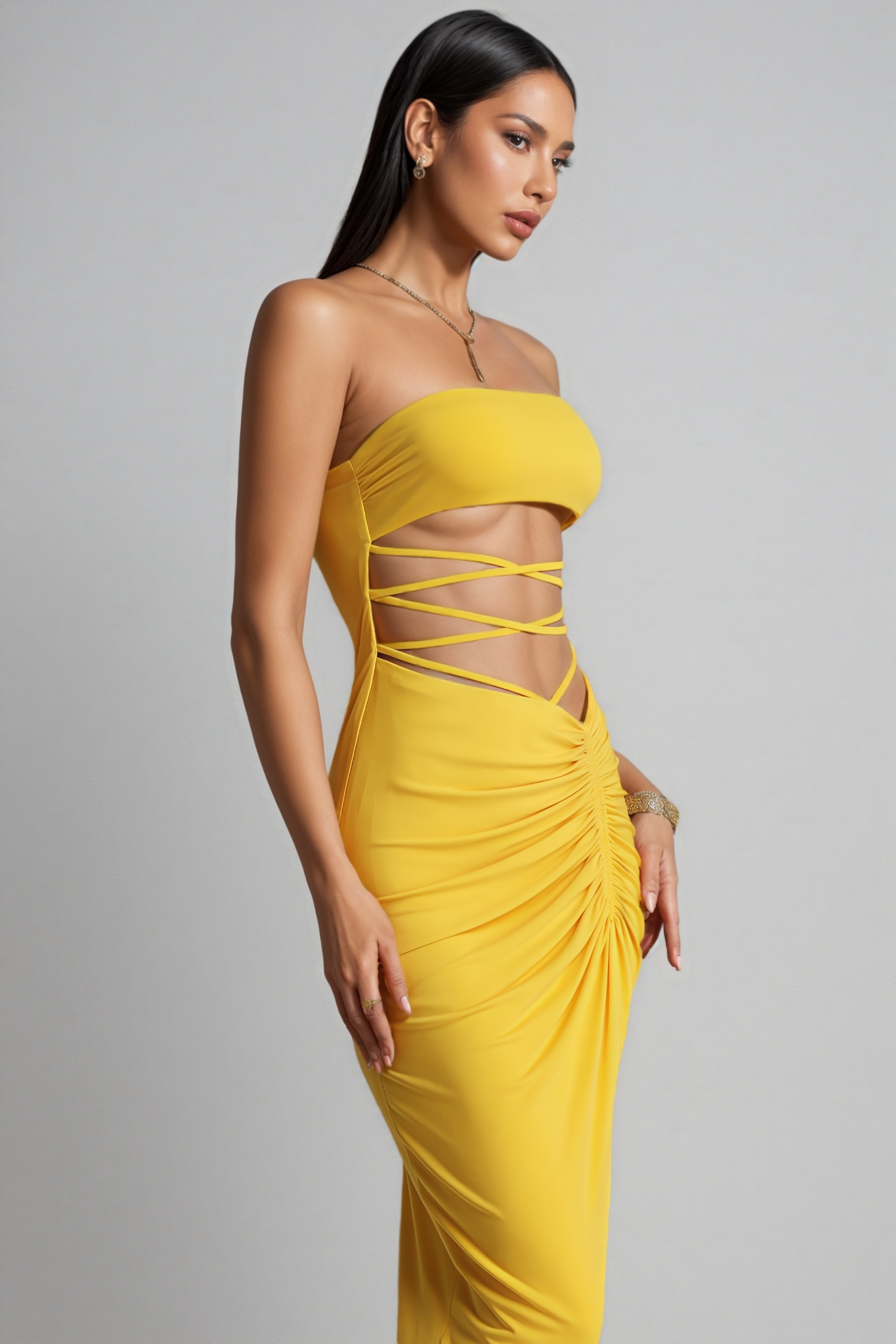 Bivenx Yellow Strapless Cut Out Ruched Maxi Dress