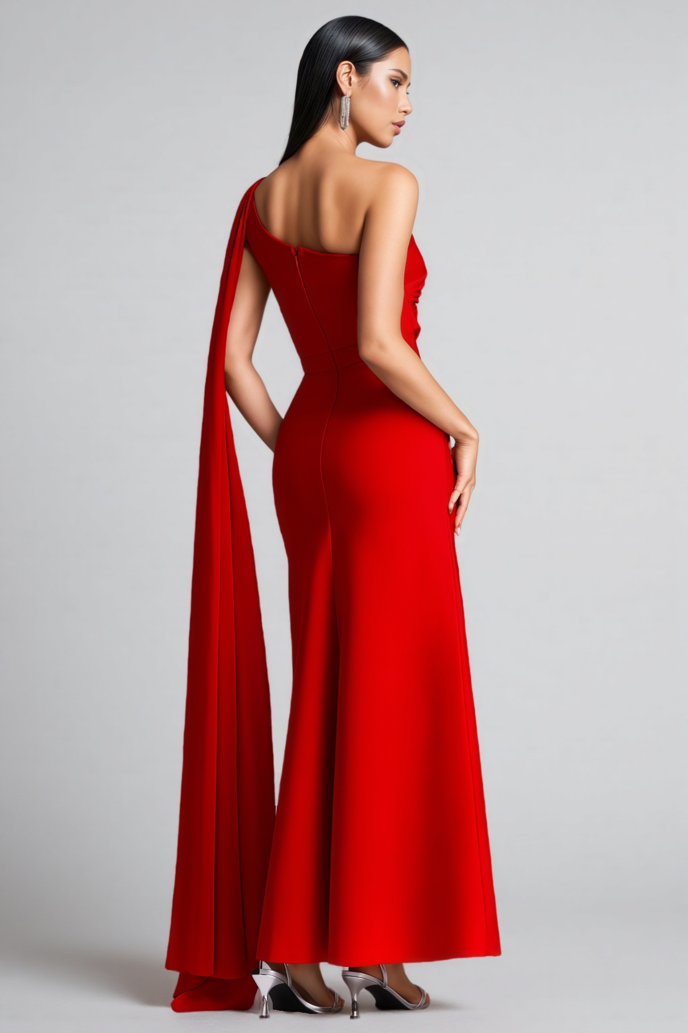 Rovah Red One Shoulder Rhinestone Slit Maxi Dress