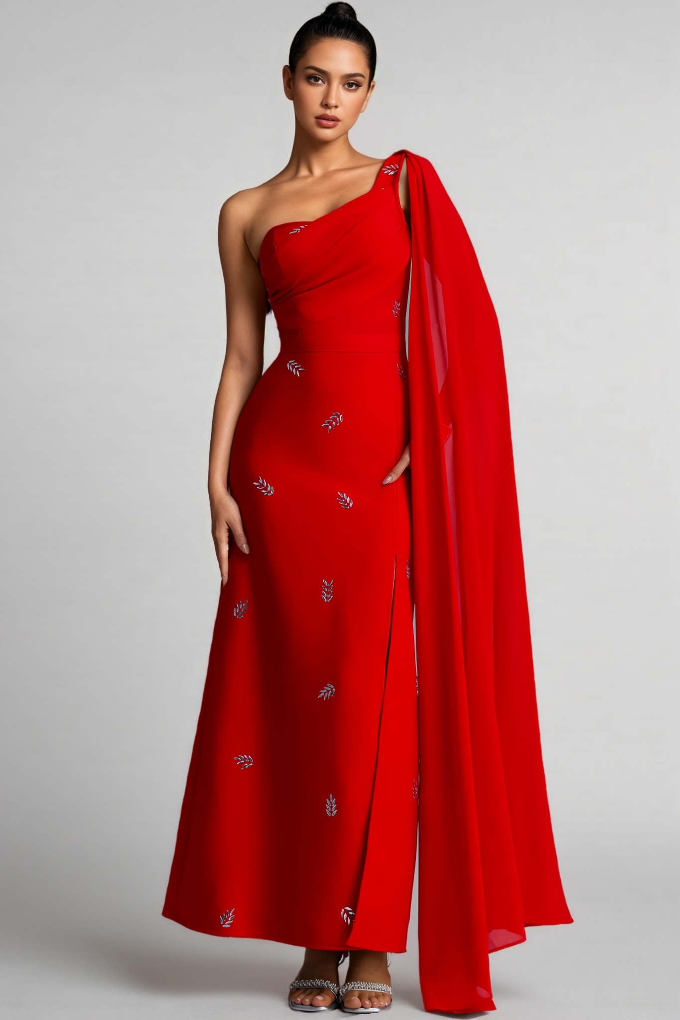 Rovah Red One Shoulder Rhinestone Slit Maxi Dress
