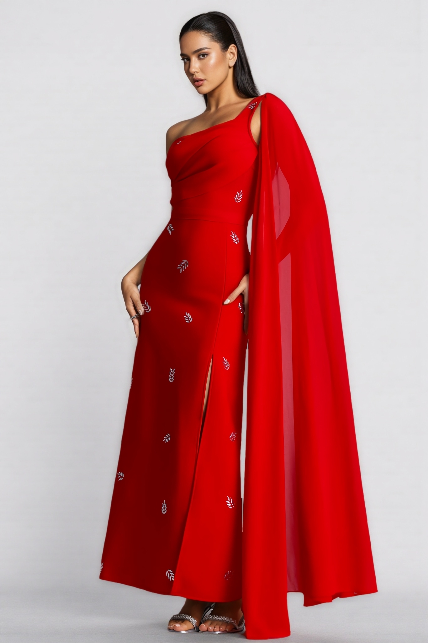 Rovah Red One Shoulder Rhinestone Slit Maxi Dress