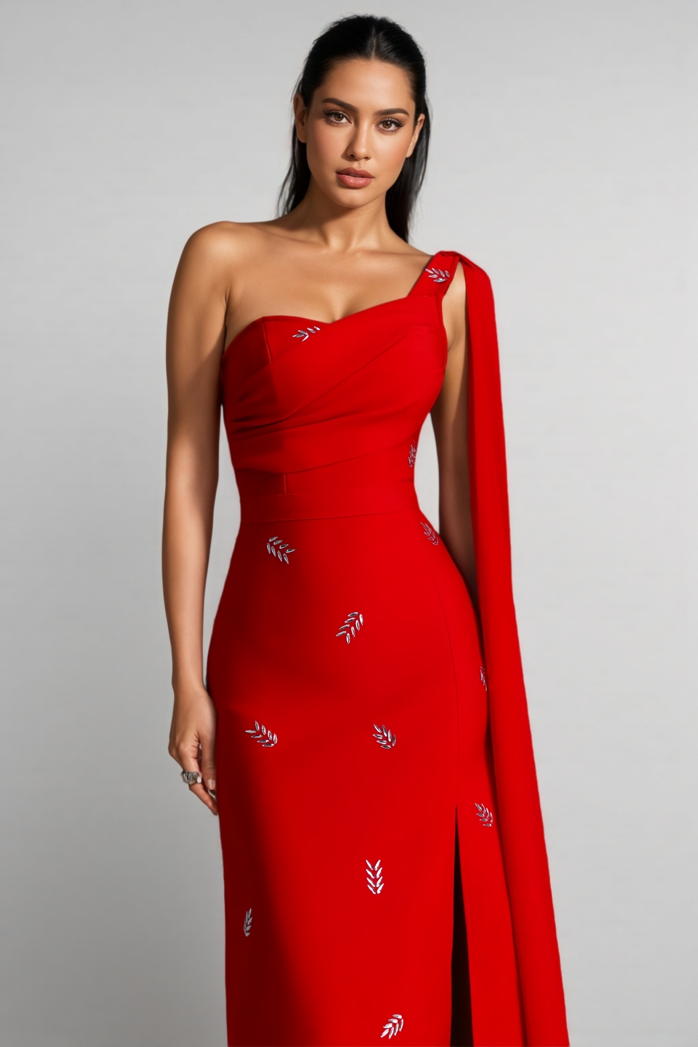 Rovah Red One Shoulder Rhinestone Slit Maxi Dress