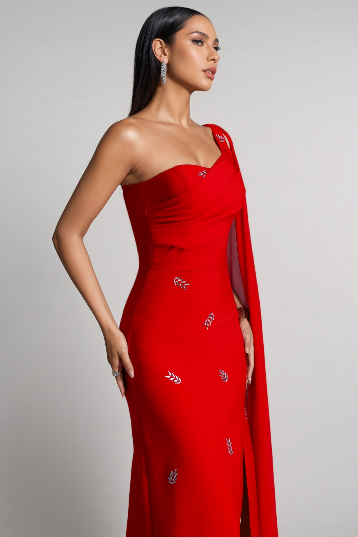 Rovah Red One Shoulder Rhinestone Slit Maxi Dress