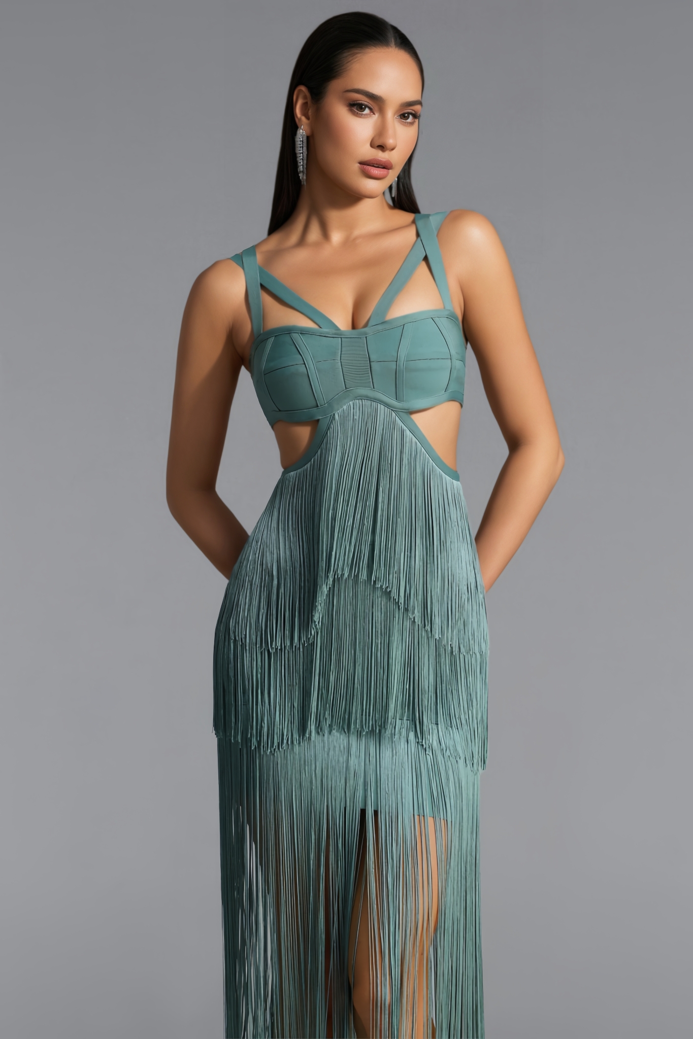 Doppy Green Cut Out Tassel Bandage Maxi Dress