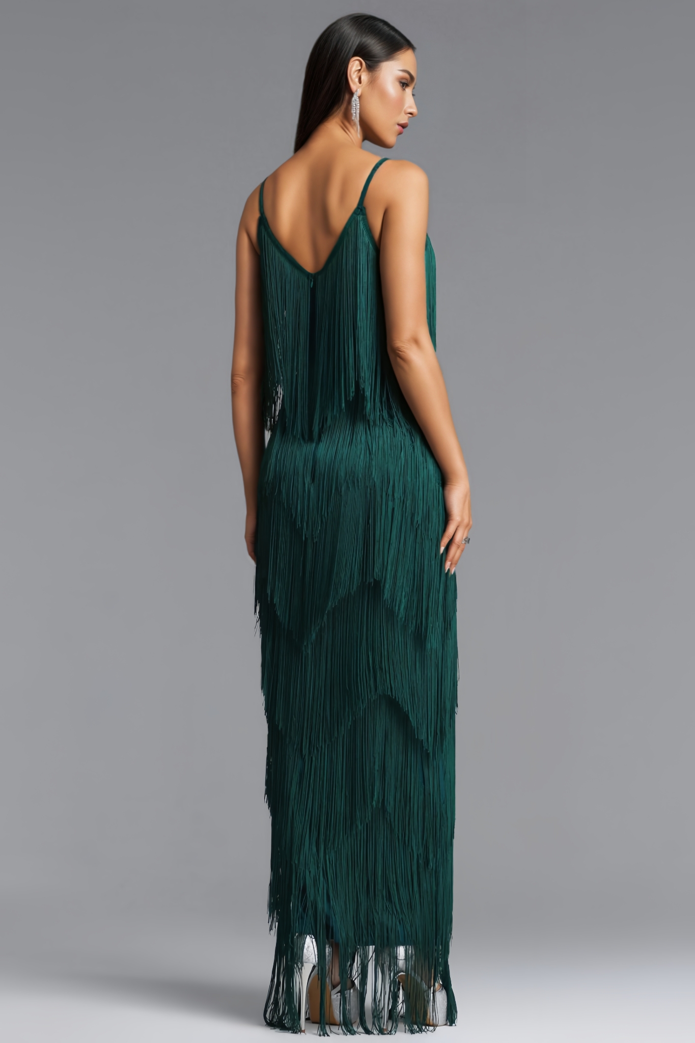 Norbert Green Halter Fringe Bandage Maxi Dress