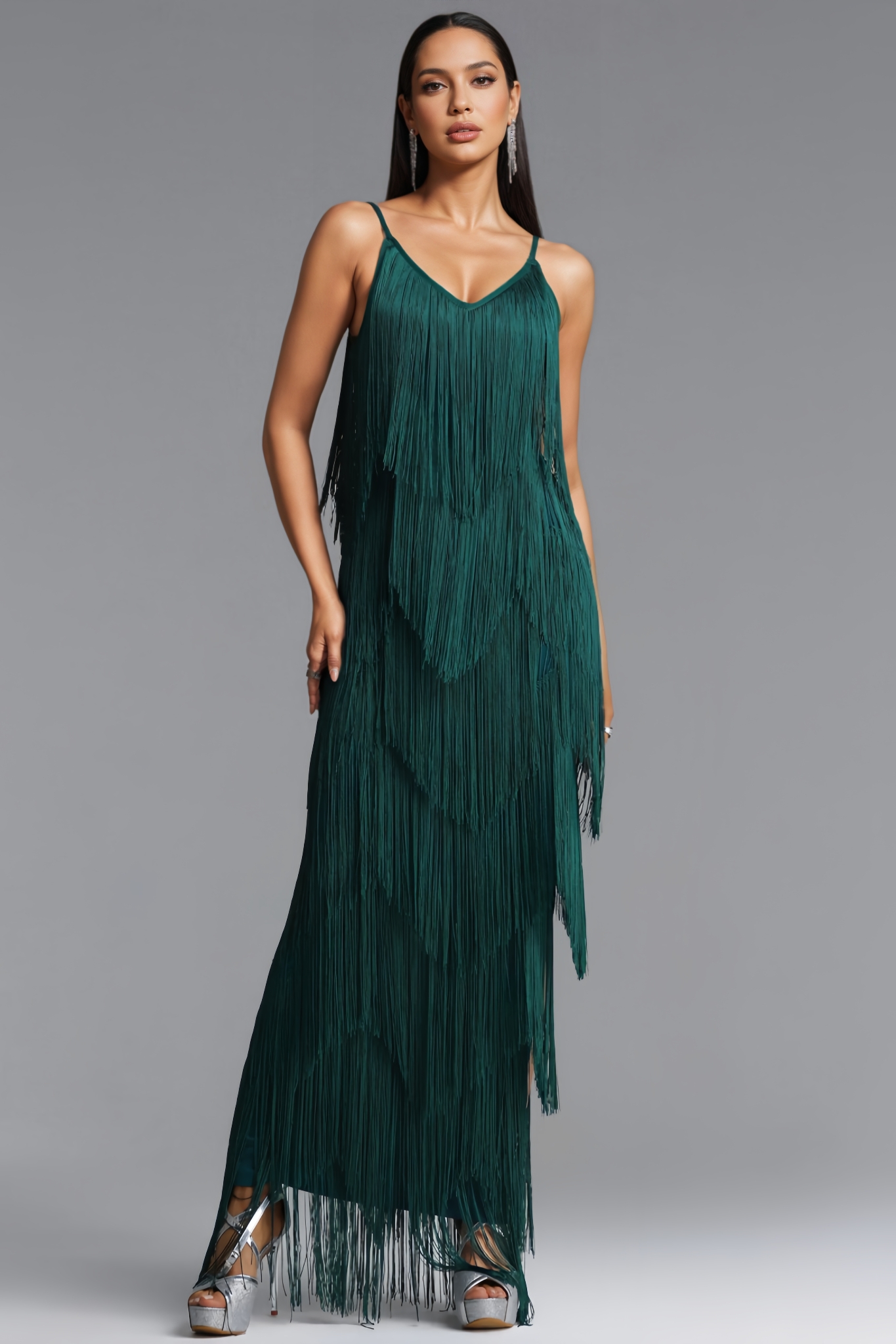 Norbert Green Halter Fringe Bandage Maxi Dress