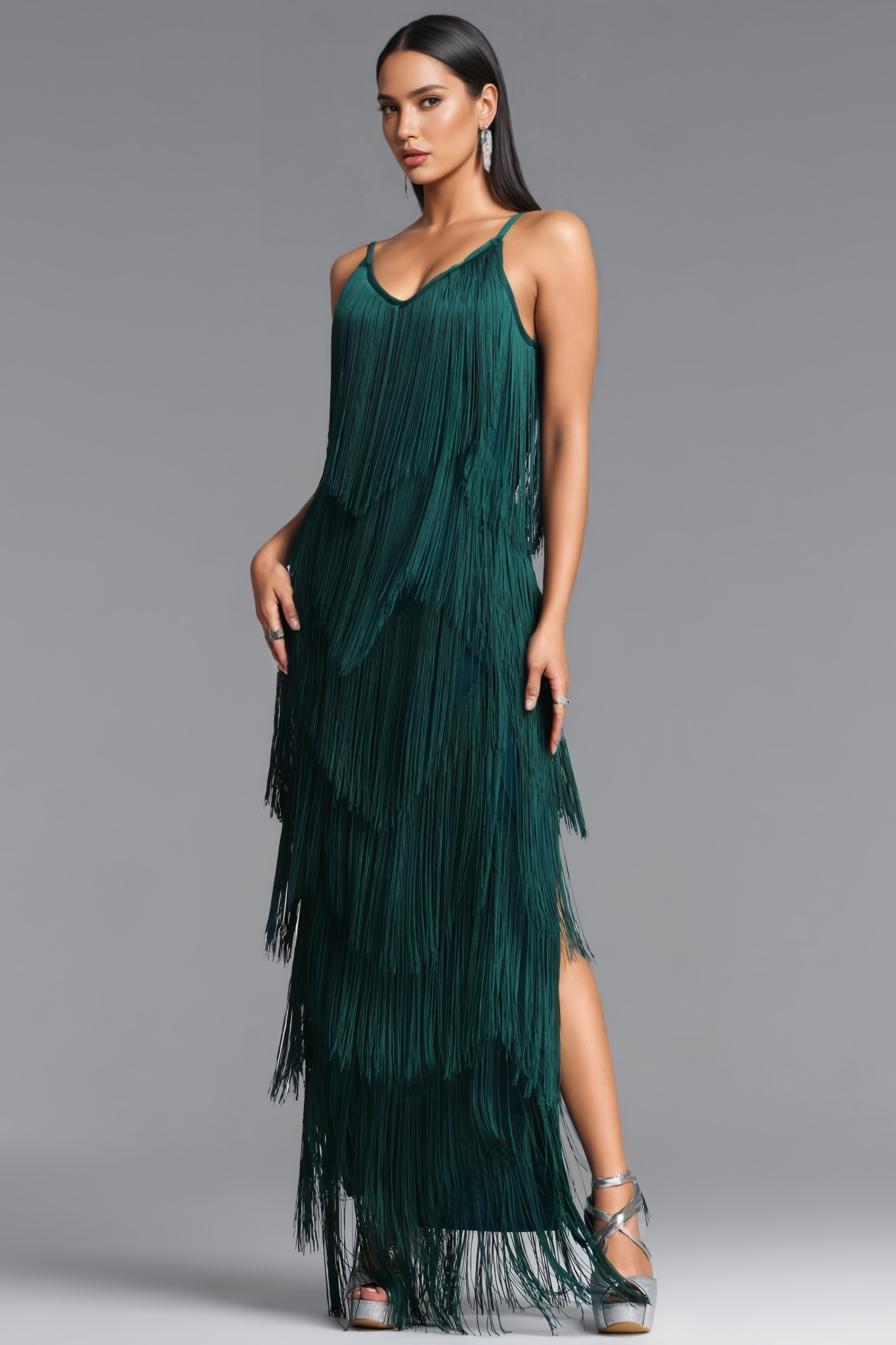 Norbert Green Halter Fringe Bandage Maxi Dress