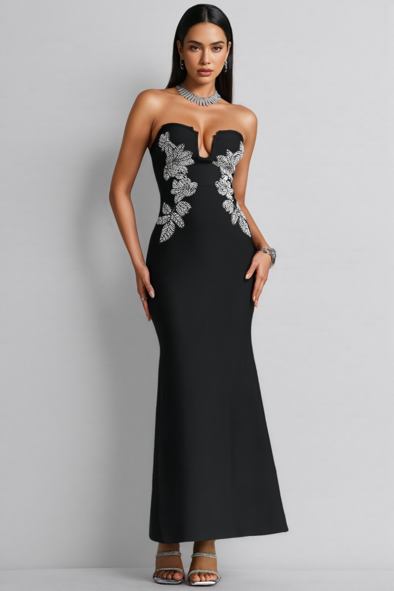 Uona Black Strapless Rhinestone Bandage Maxi Dress