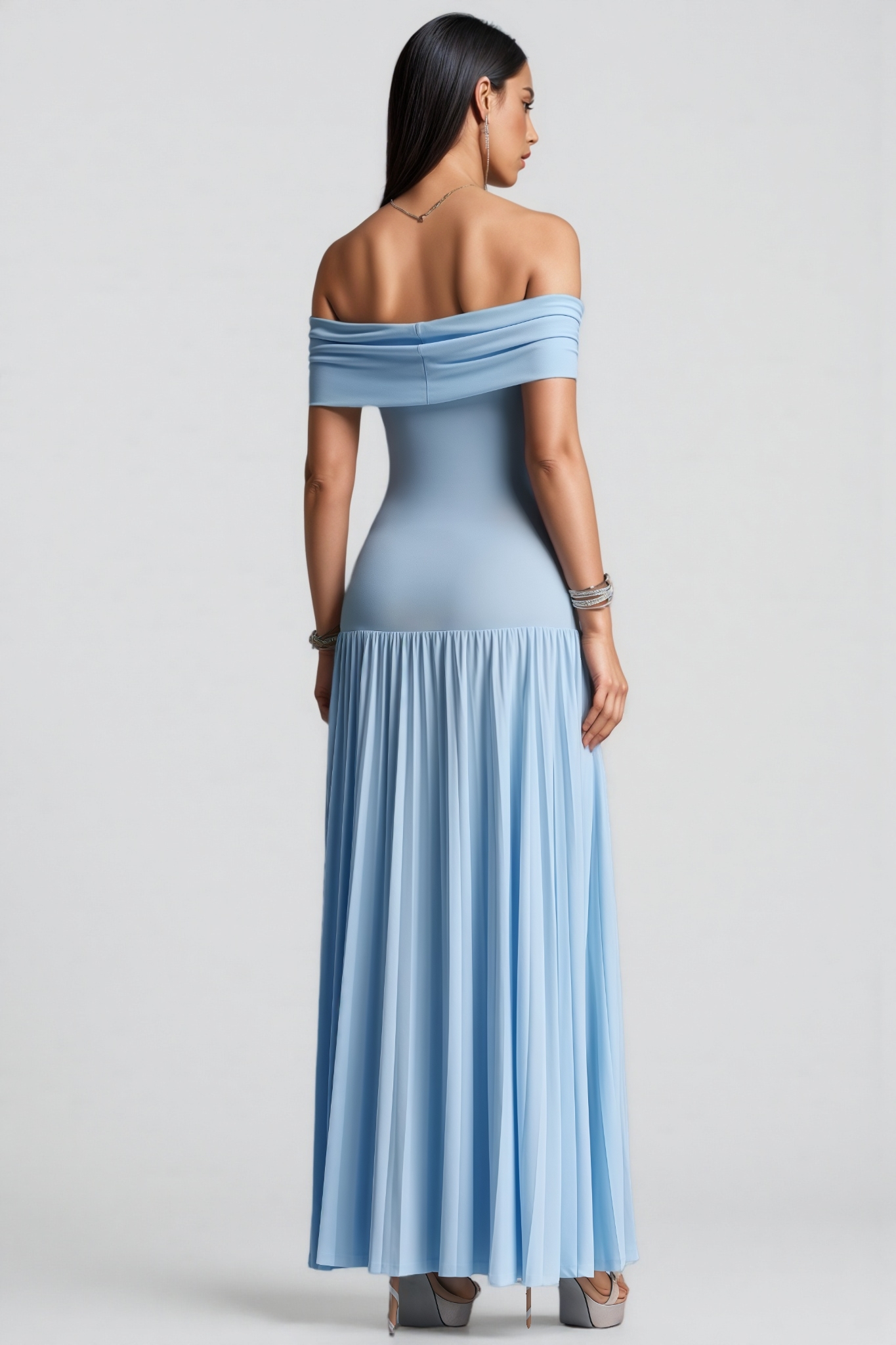 Wycliffe Blue Off The Shoulder Pleated Maxi Dress