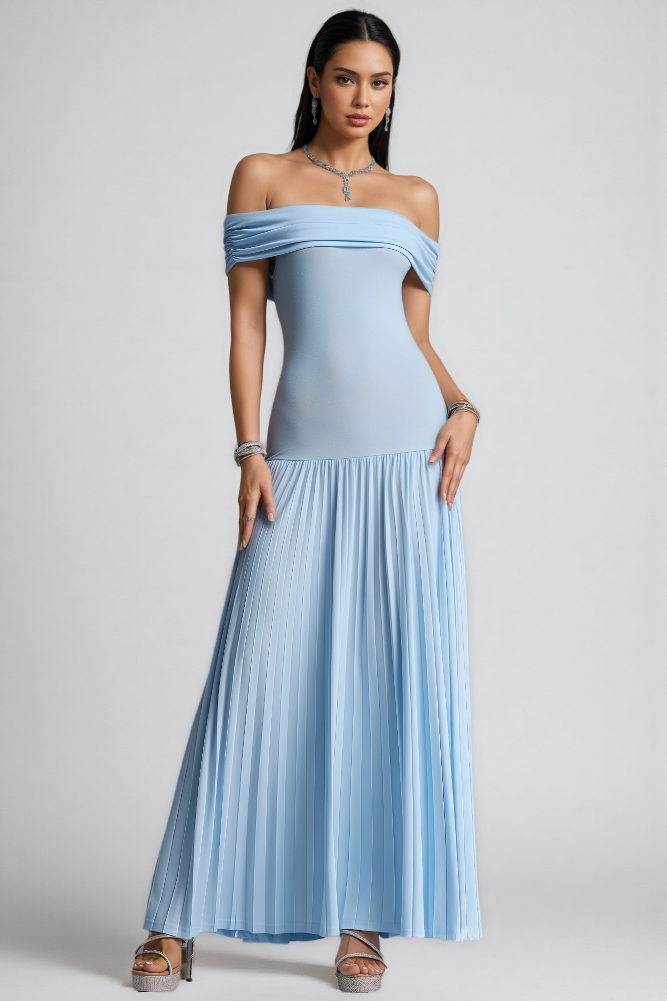 Wycliffe Blue Off The Shoulder Pleated Maxi Dress