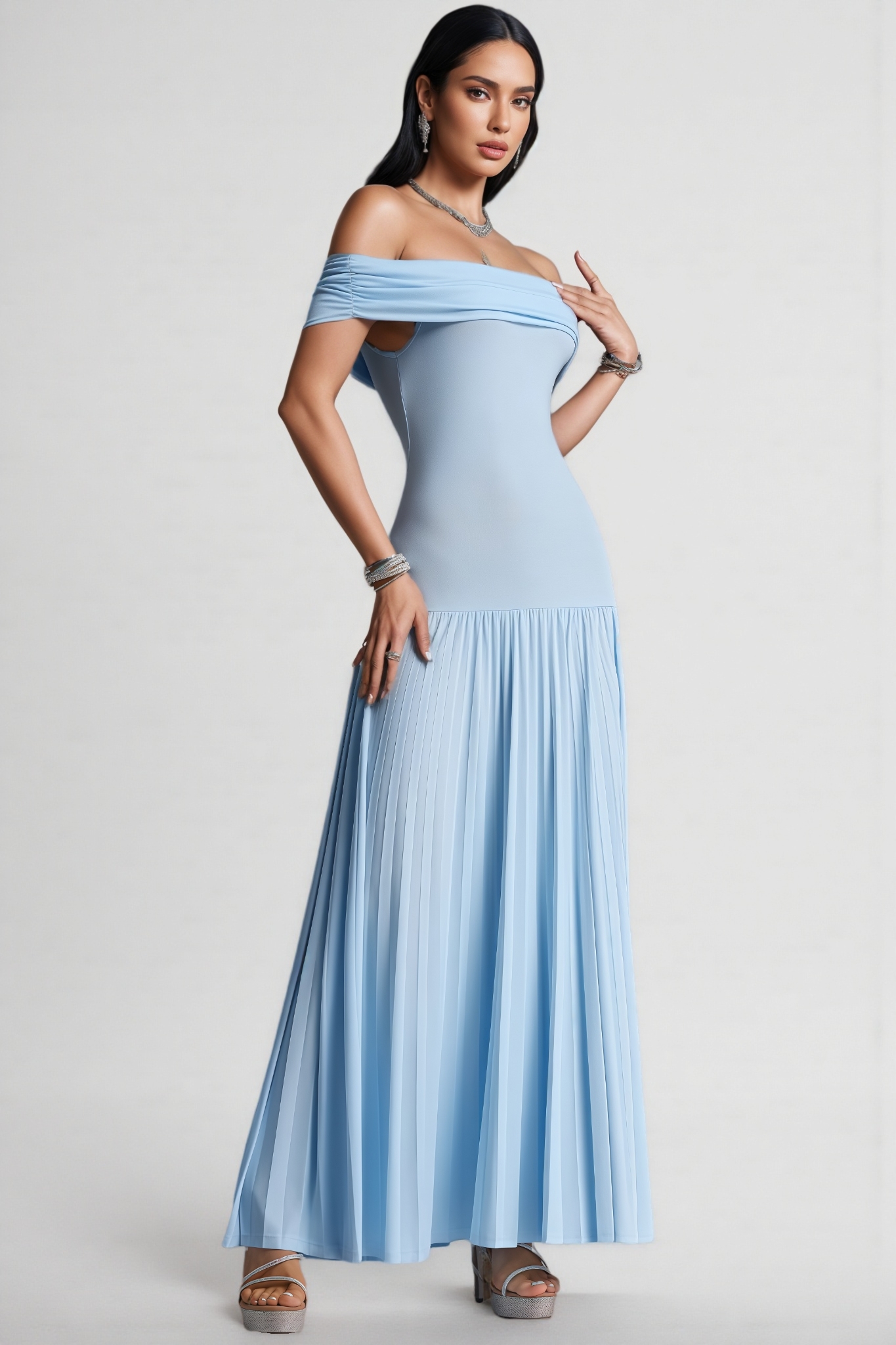 Wycliffe Blue Off The Shoulder Pleated Maxi Dress
