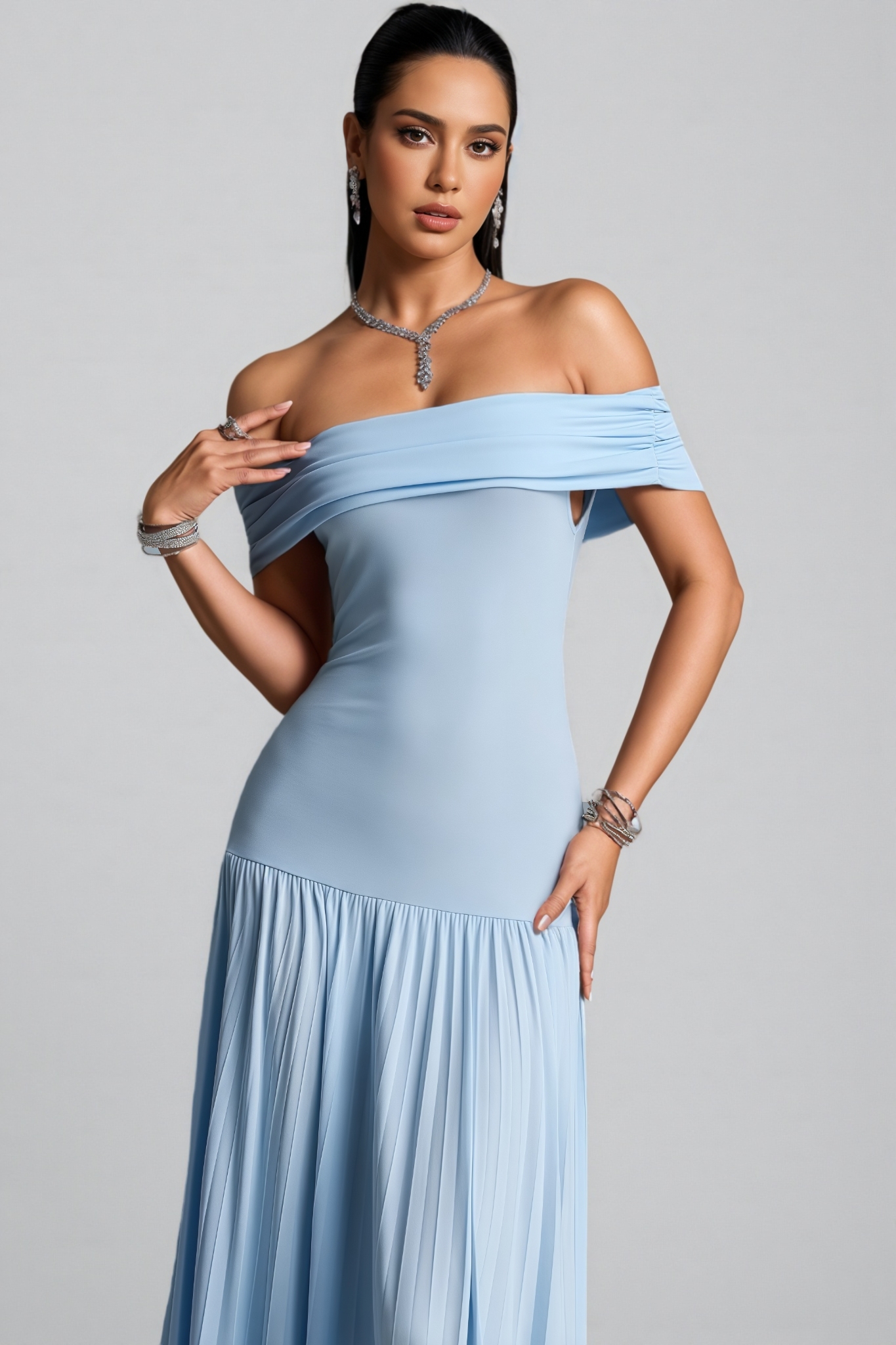 Wycliffe Blue Off The Shoulder Pleated Maxi Dress