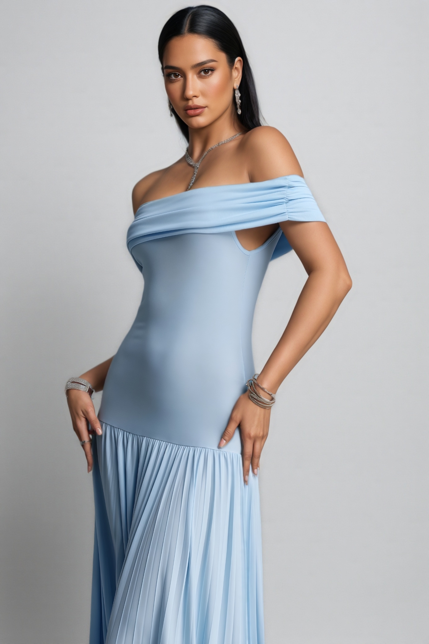 Wycliffe Blue Off The Shoulder Pleated Maxi Dress
