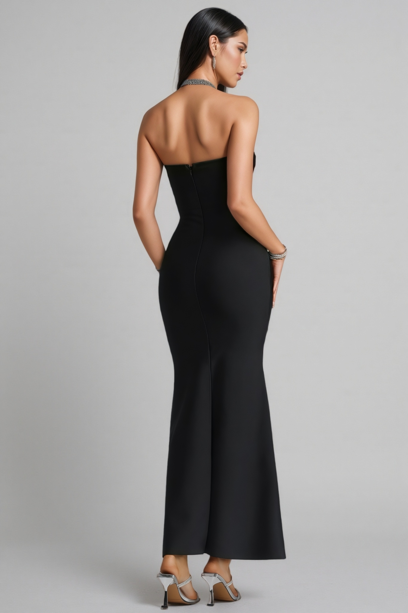 Aris Black Halter Neck Rhinestone Bandage Maxi Dress