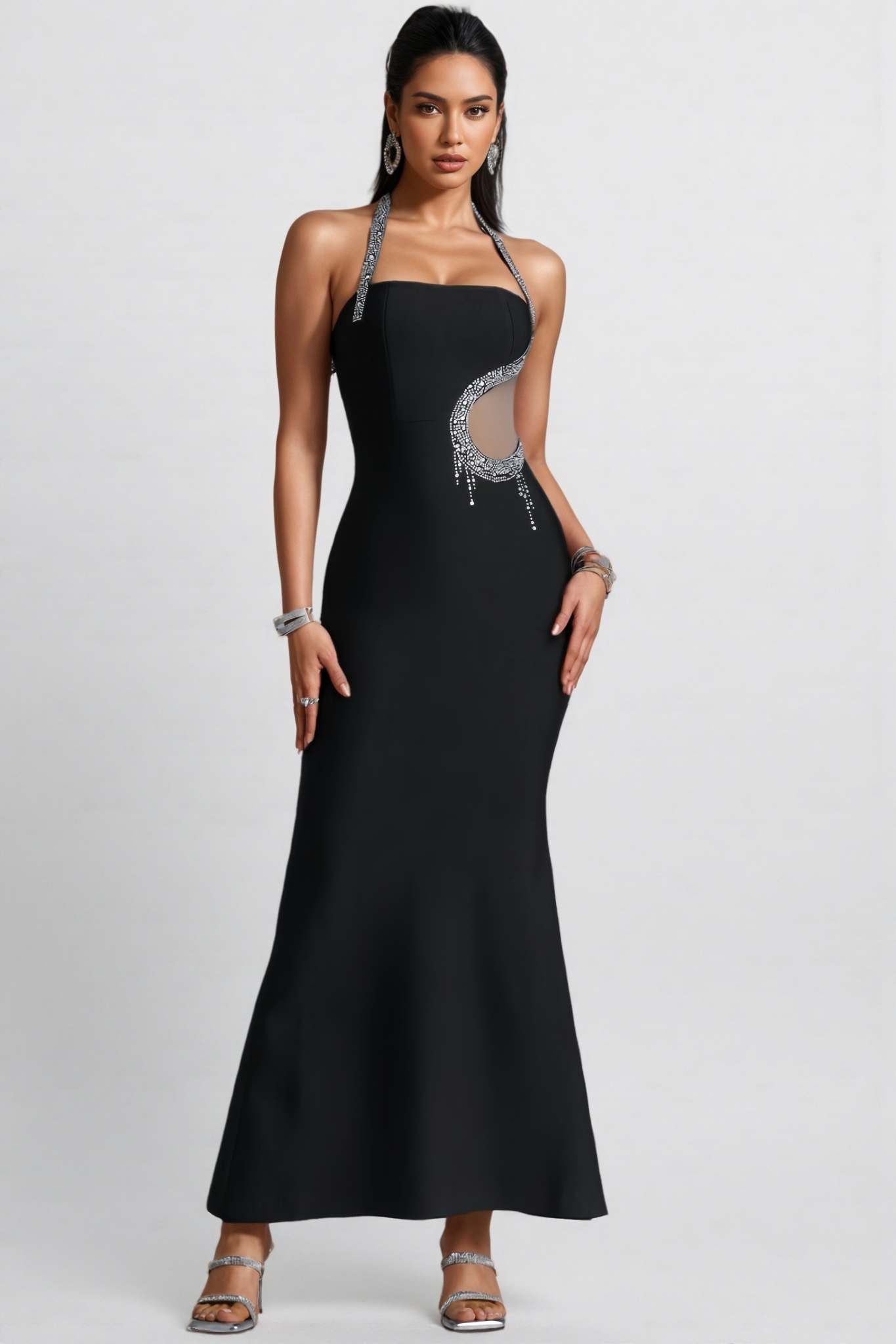 Aris Black Halter Neck Rhinestone Bandage Maxi Dress