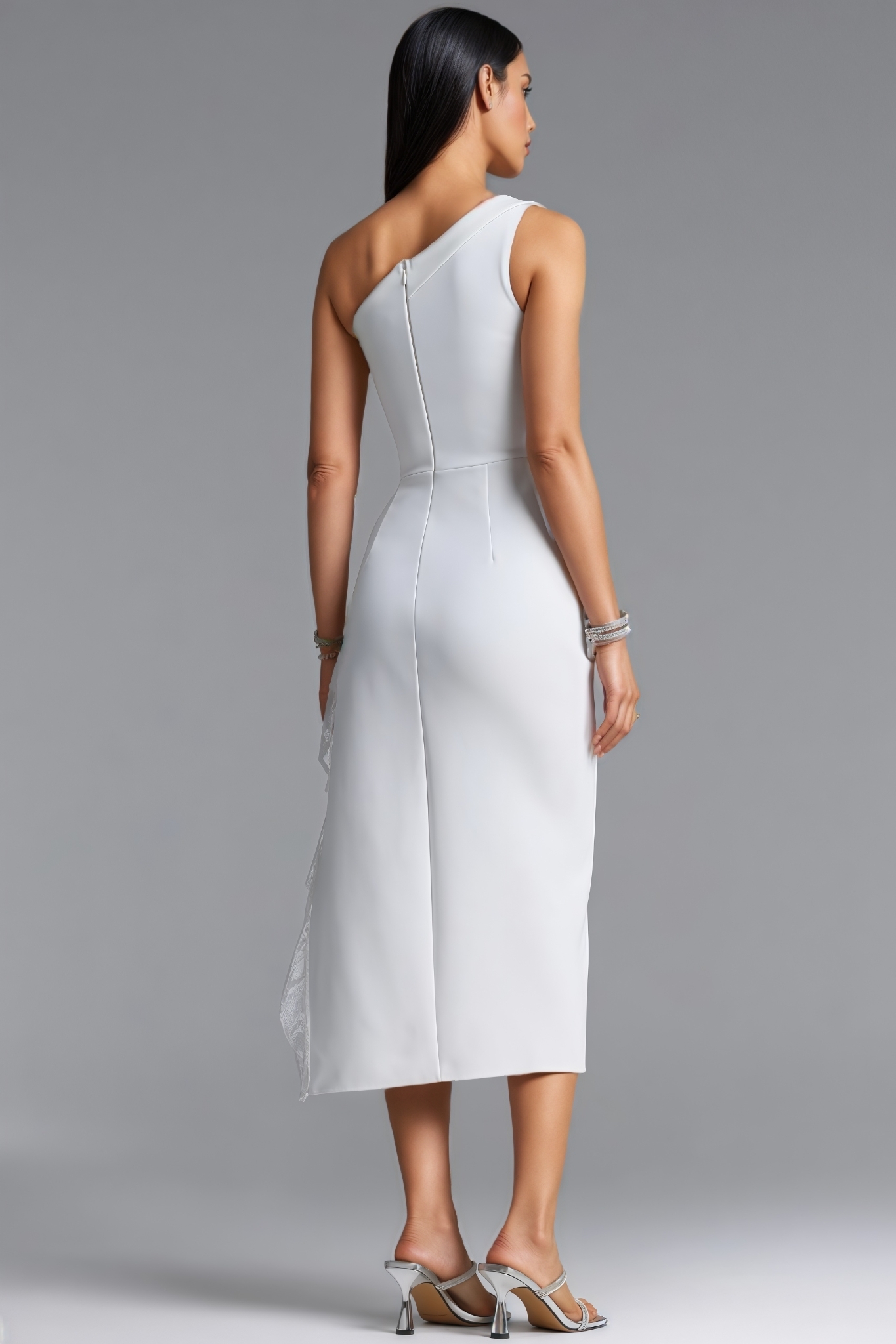 Goah White One Shoulder Lace Ruffle Midi Dress