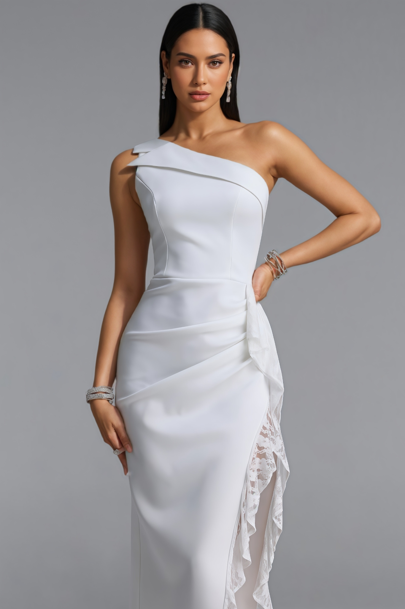 Goah White One Shoulder Lace Ruffle Midi Dress