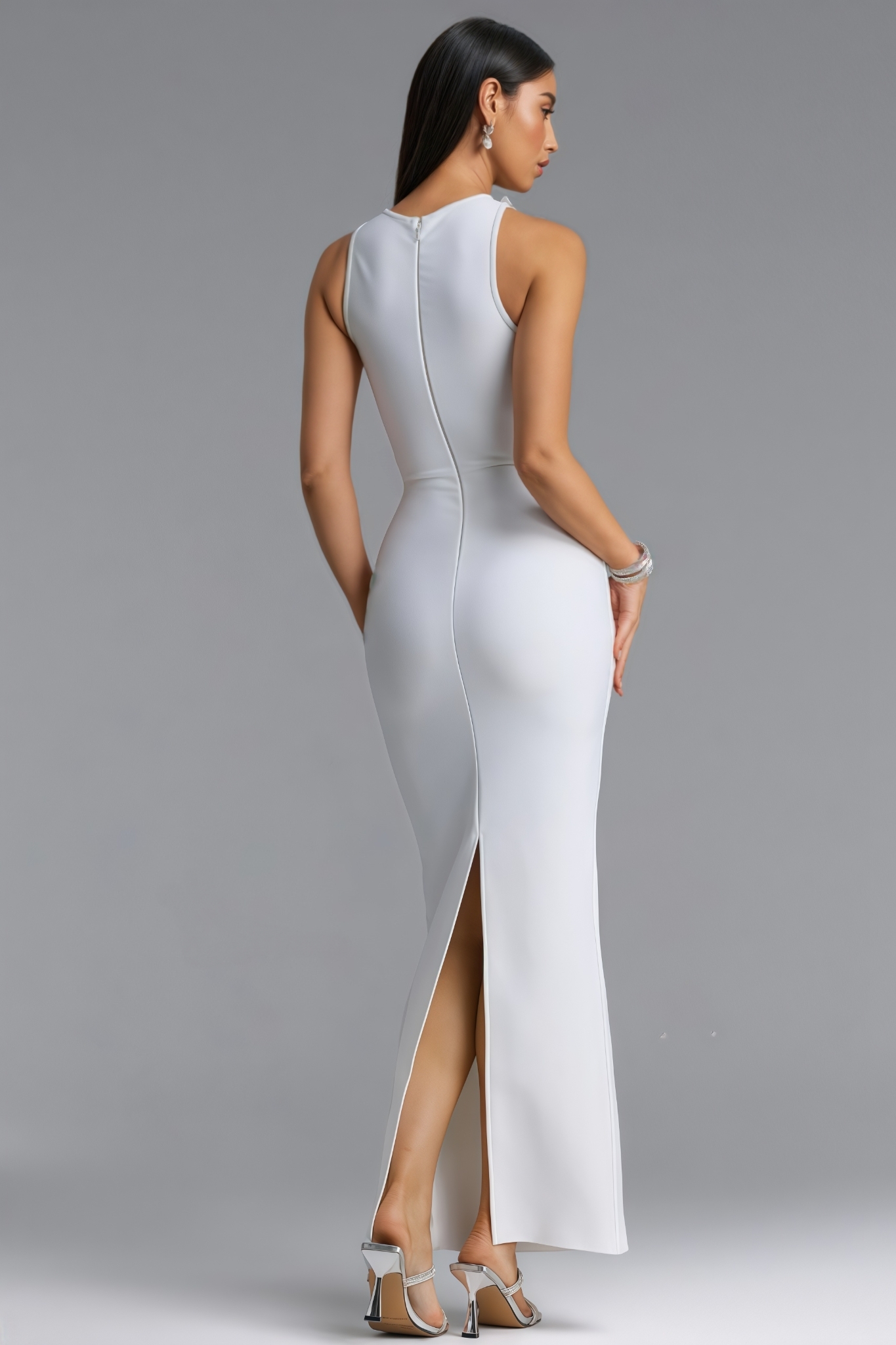 Yrova White 3D Floral Diamond Bandage Maxi Dress
