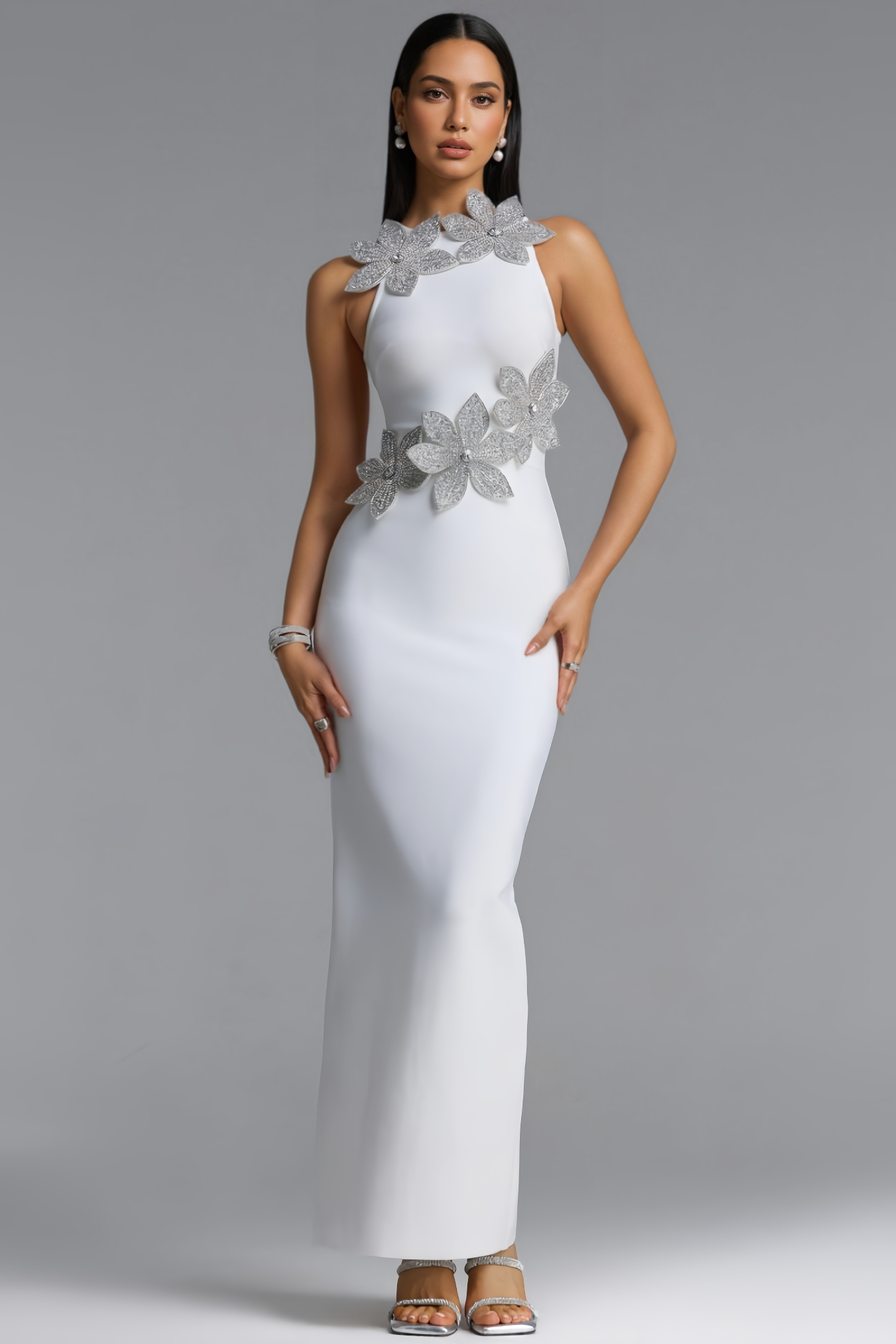 Yrova White 3D Floral Diamond Bandage Maxi Dress