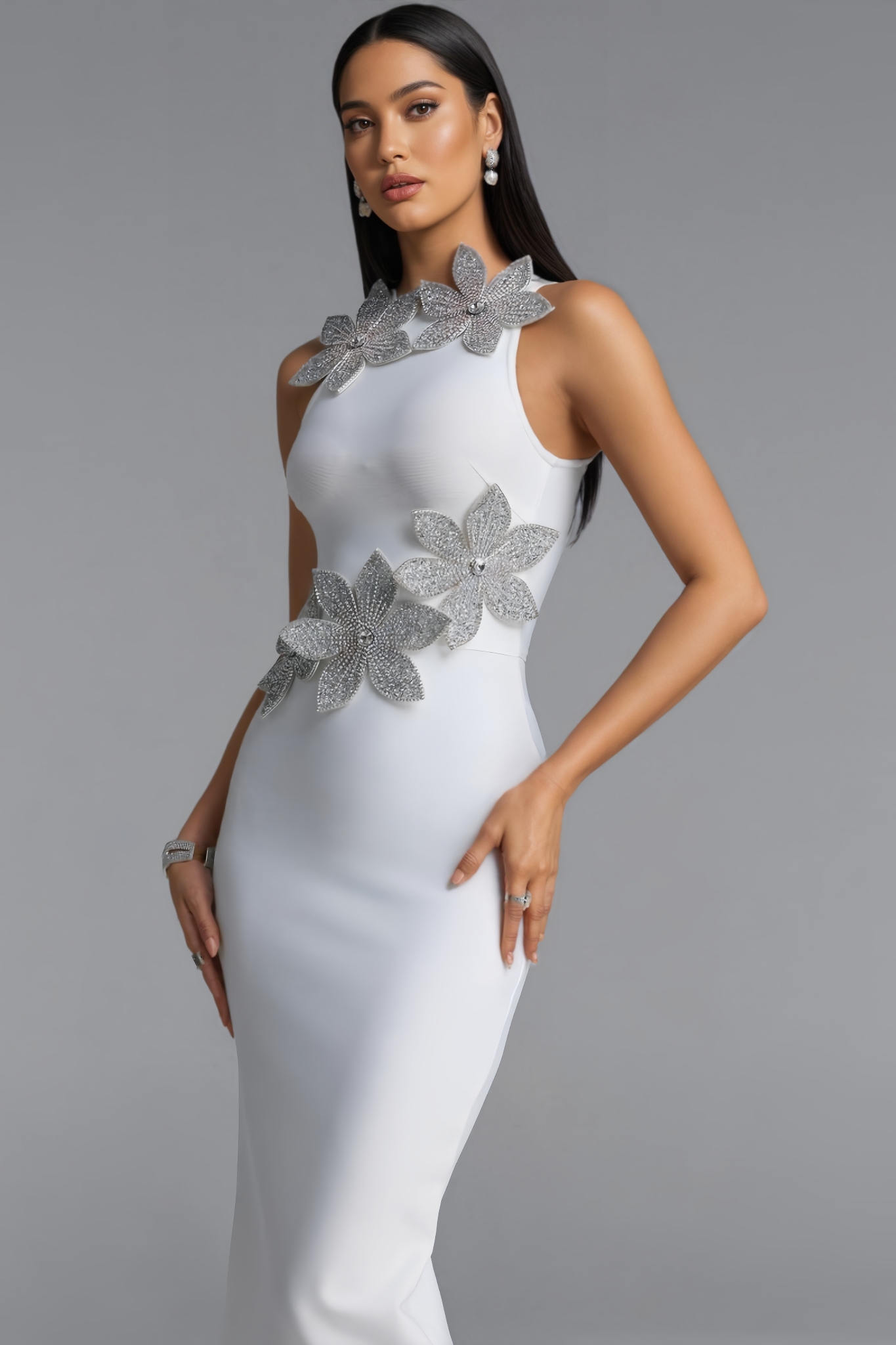 Yrova White 3D Floral Diamond Bandage Maxi Dress