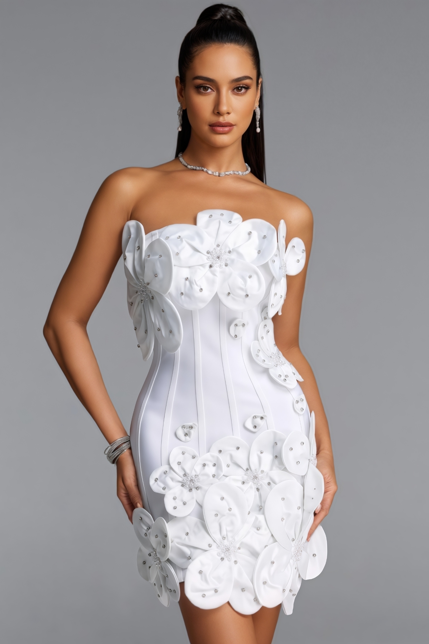 Baxen White Strapless 3D Floral Bandage Mini Dress
