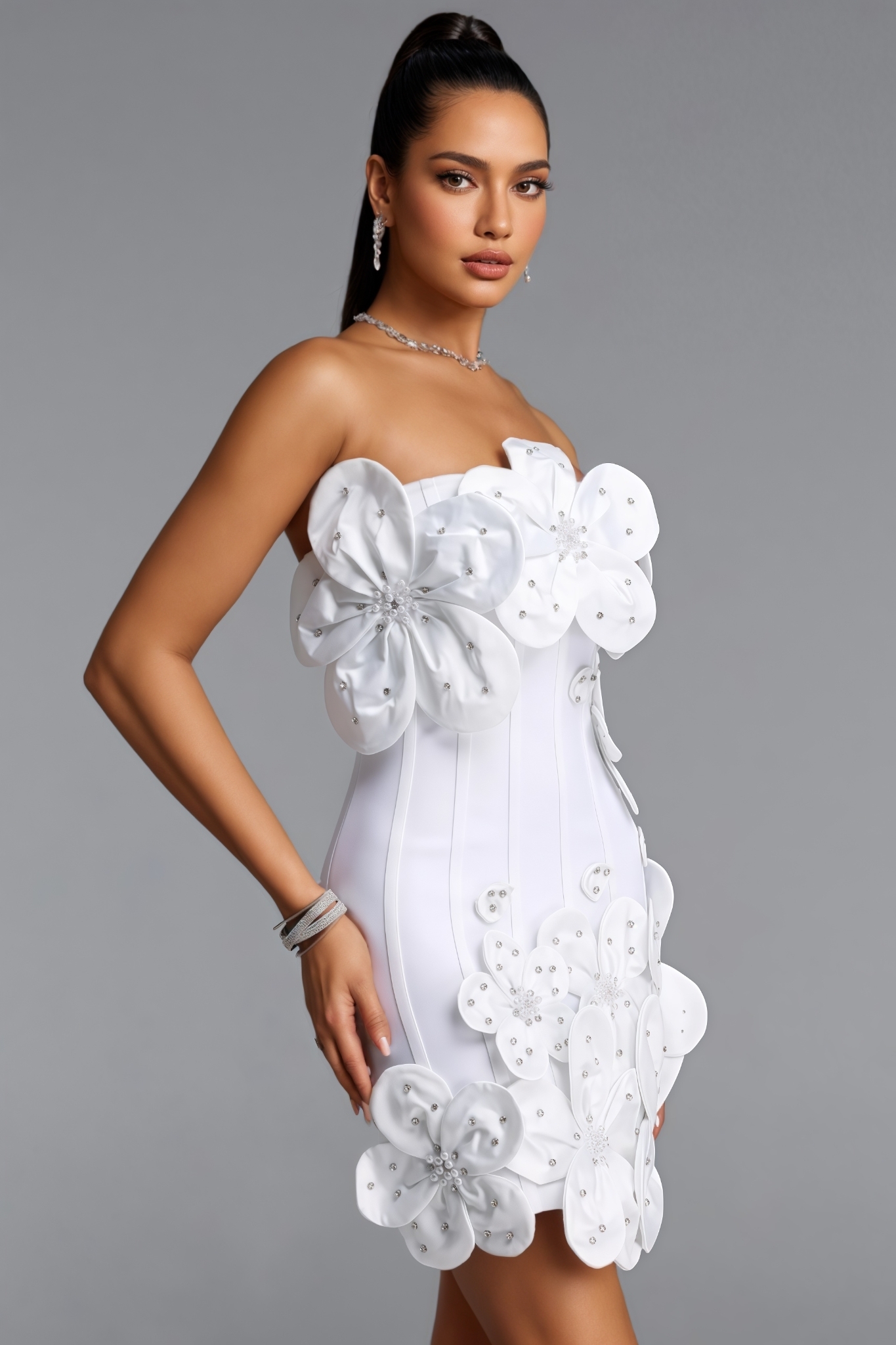 Baxen White Strapless 3D Floral Bandage Mini Dress