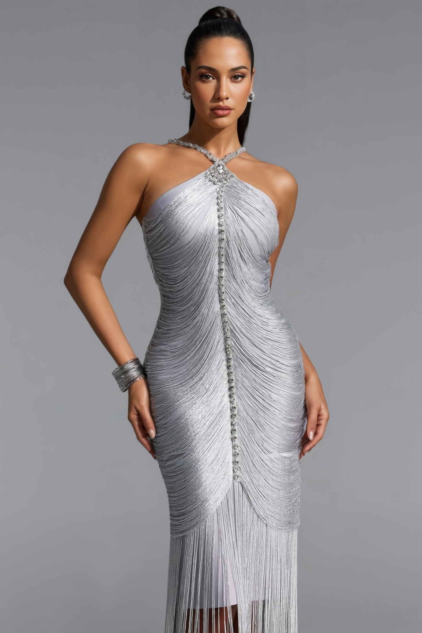 Freesia Silvery Rhinestone Bandage Maxi Dress