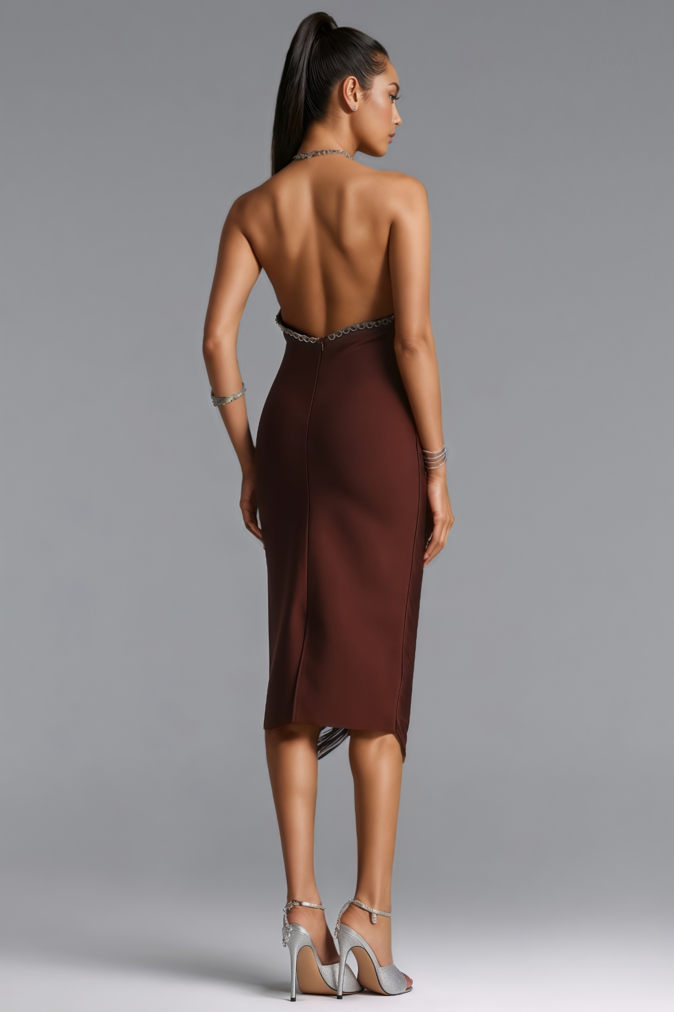 Kaxon Brown Halter Neck Fringe Bandage Midi Dress