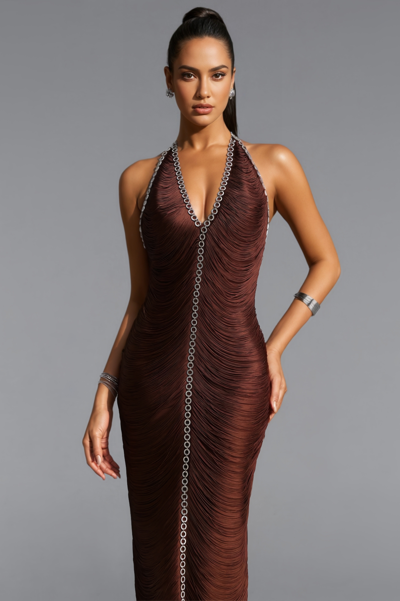Kaxon Brown Halter Neck Fringe Bandage Midi Dress