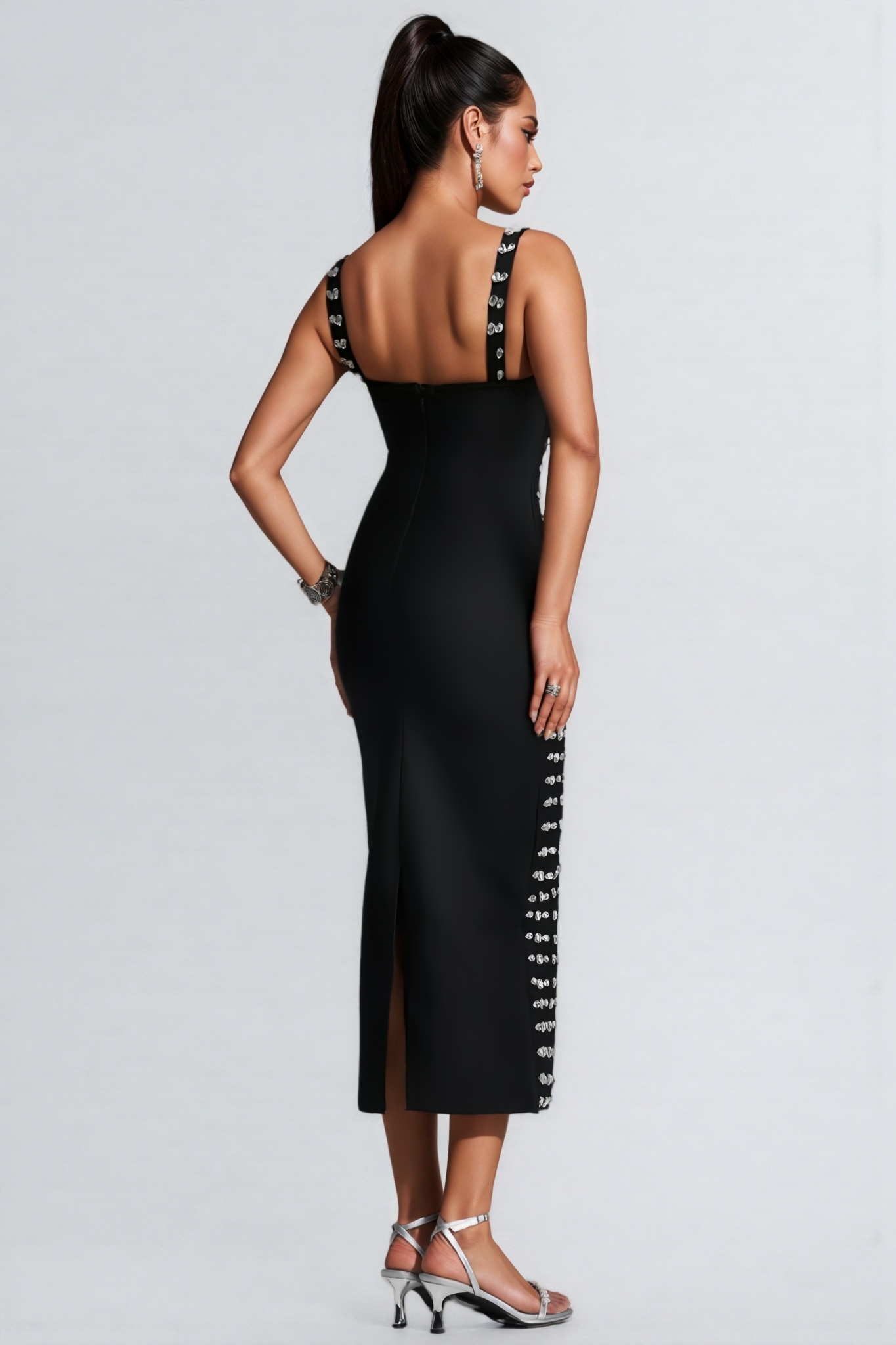 Gendra Black Halter Rhinestone Bandage Maxi Dress