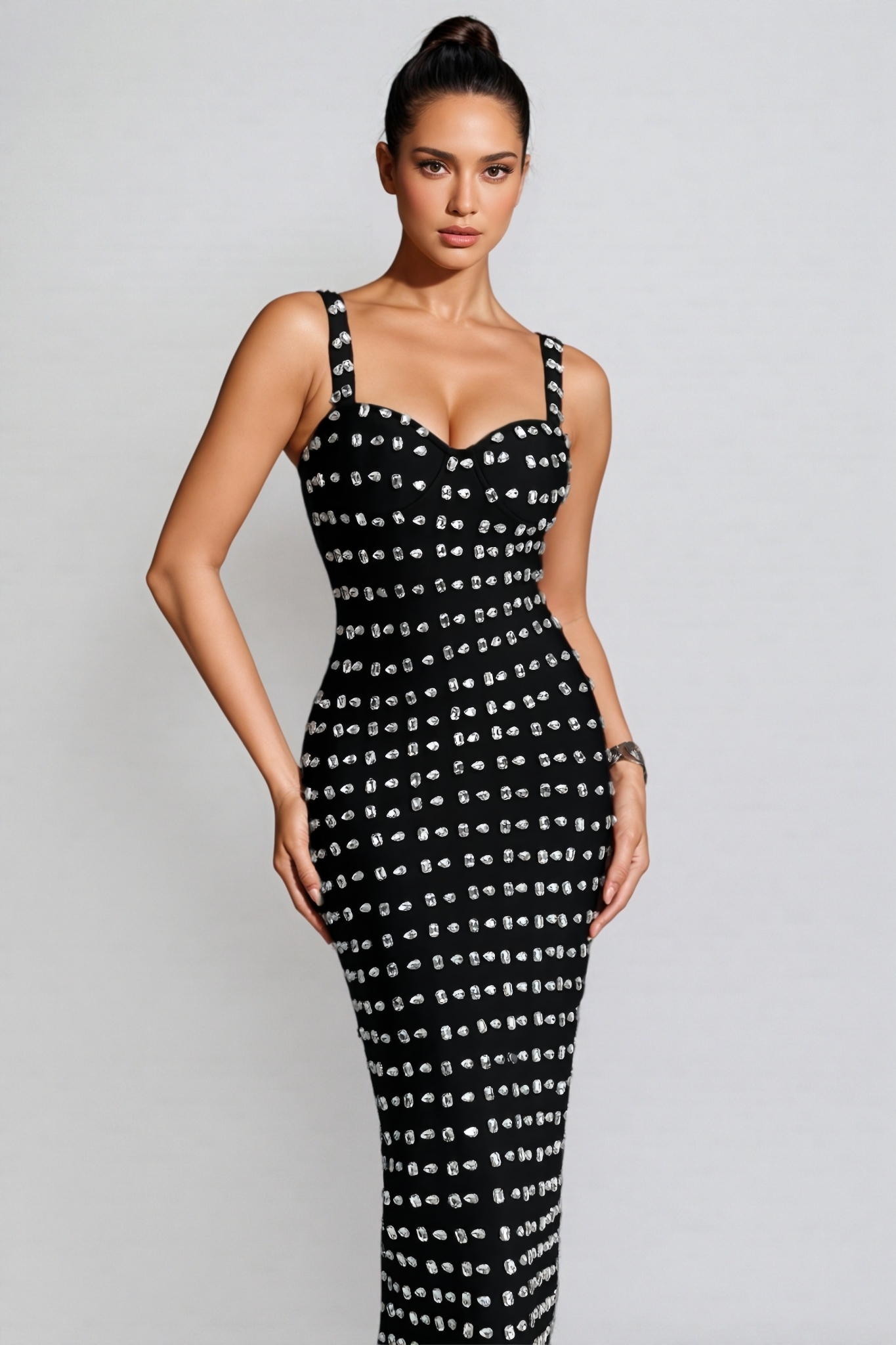 Gendra Black Halter Rhinestone Bandage Maxi Dress