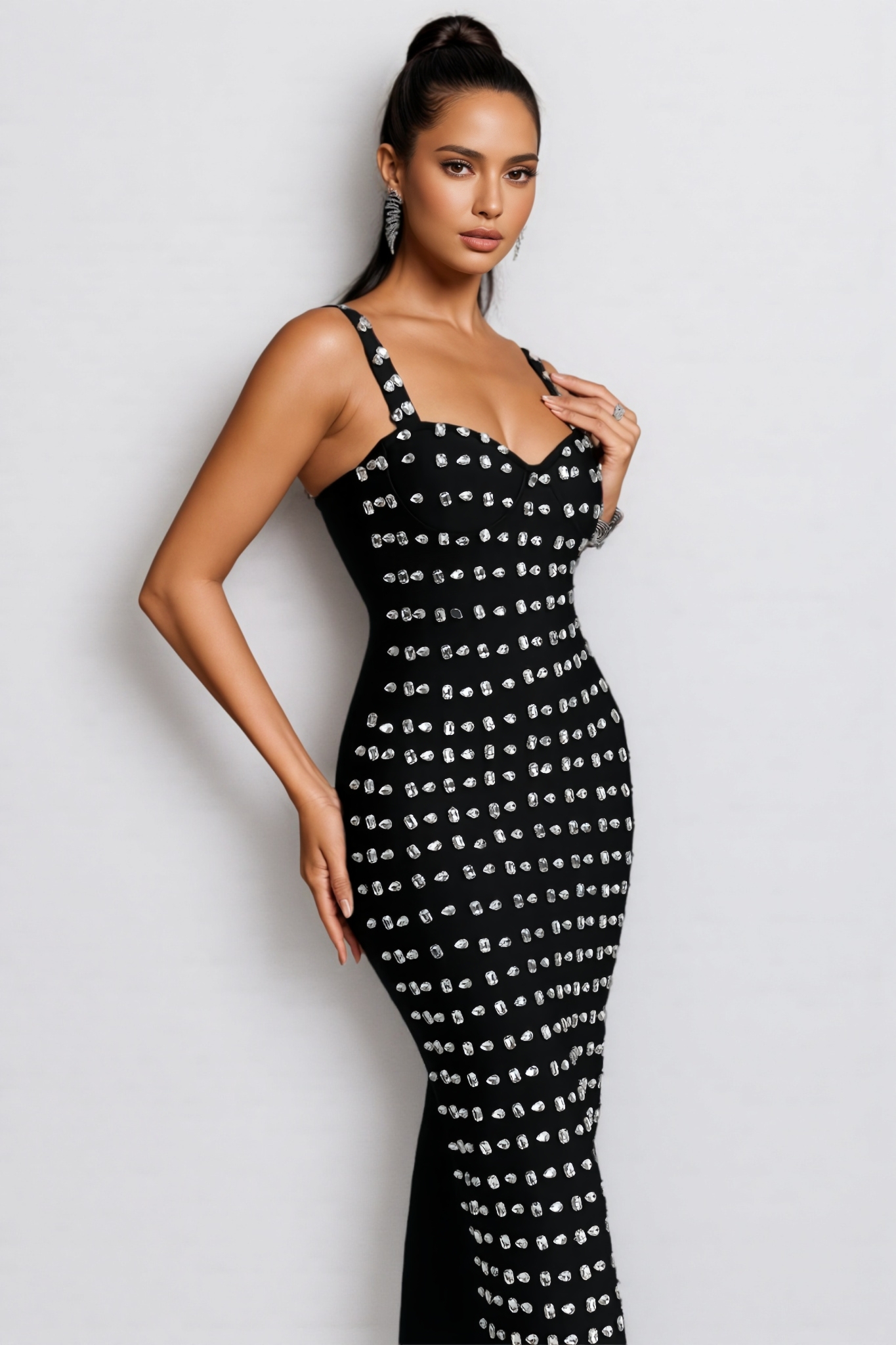 Gendra Black Halter Rhinestone Bandage Maxi Dress