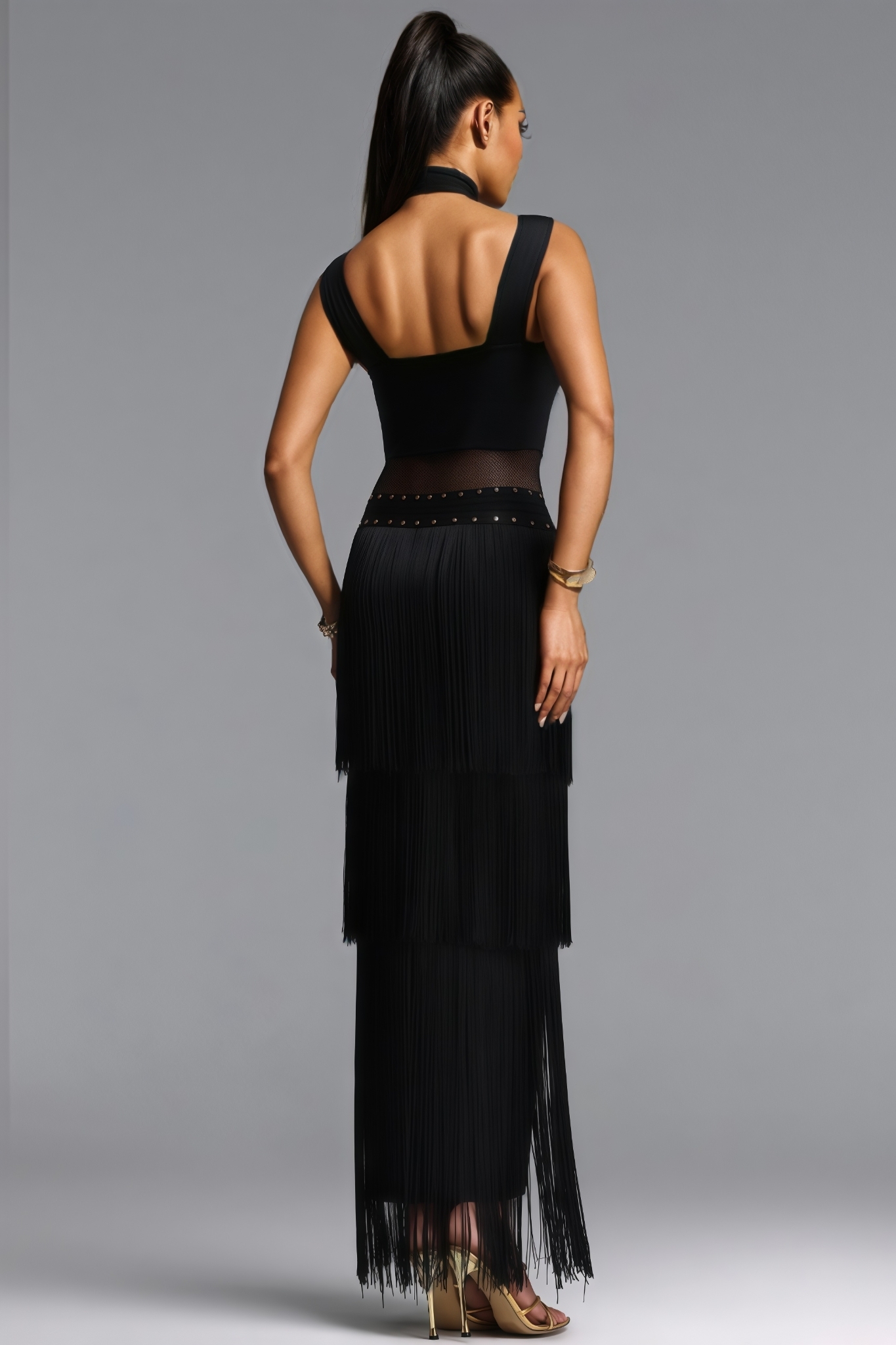 Rurek Black Fringe Bandage Maxi Dress