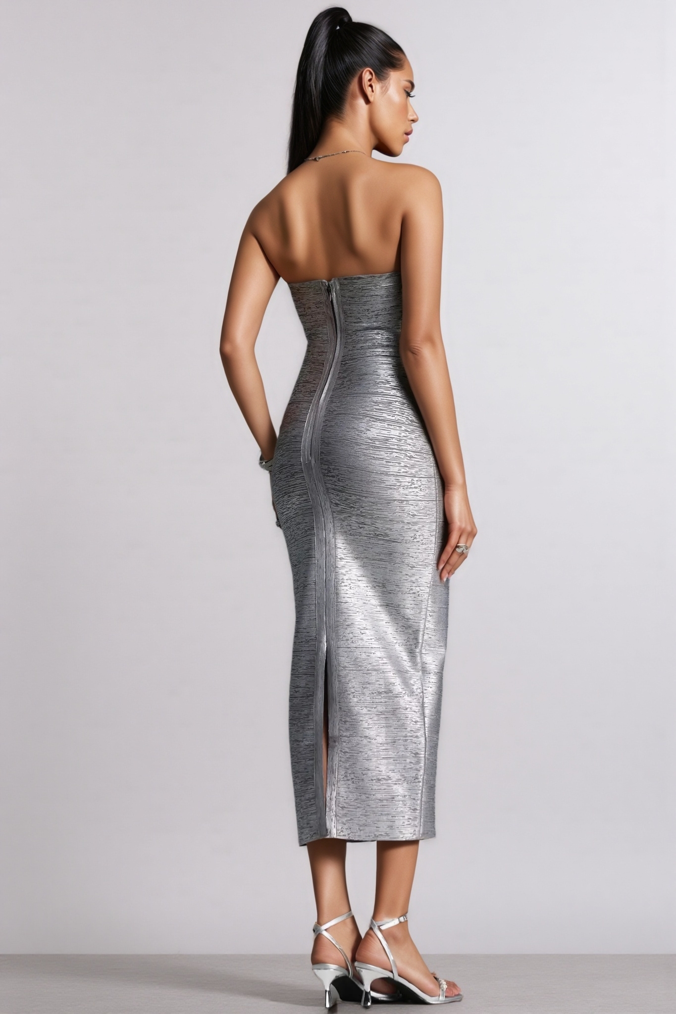 Lilat Silvery Strapless Bandage Midi Dress