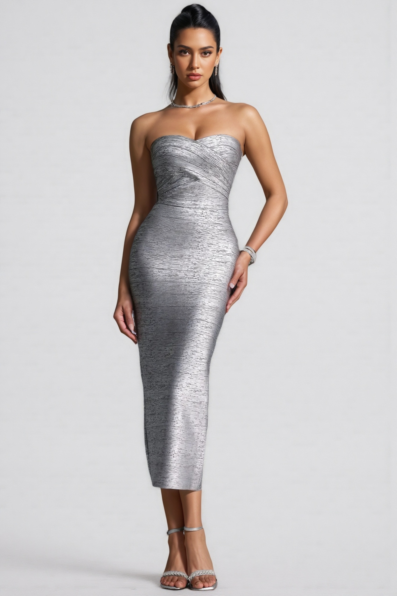 Lilat Silvery Strapless Bandage Midi Dress