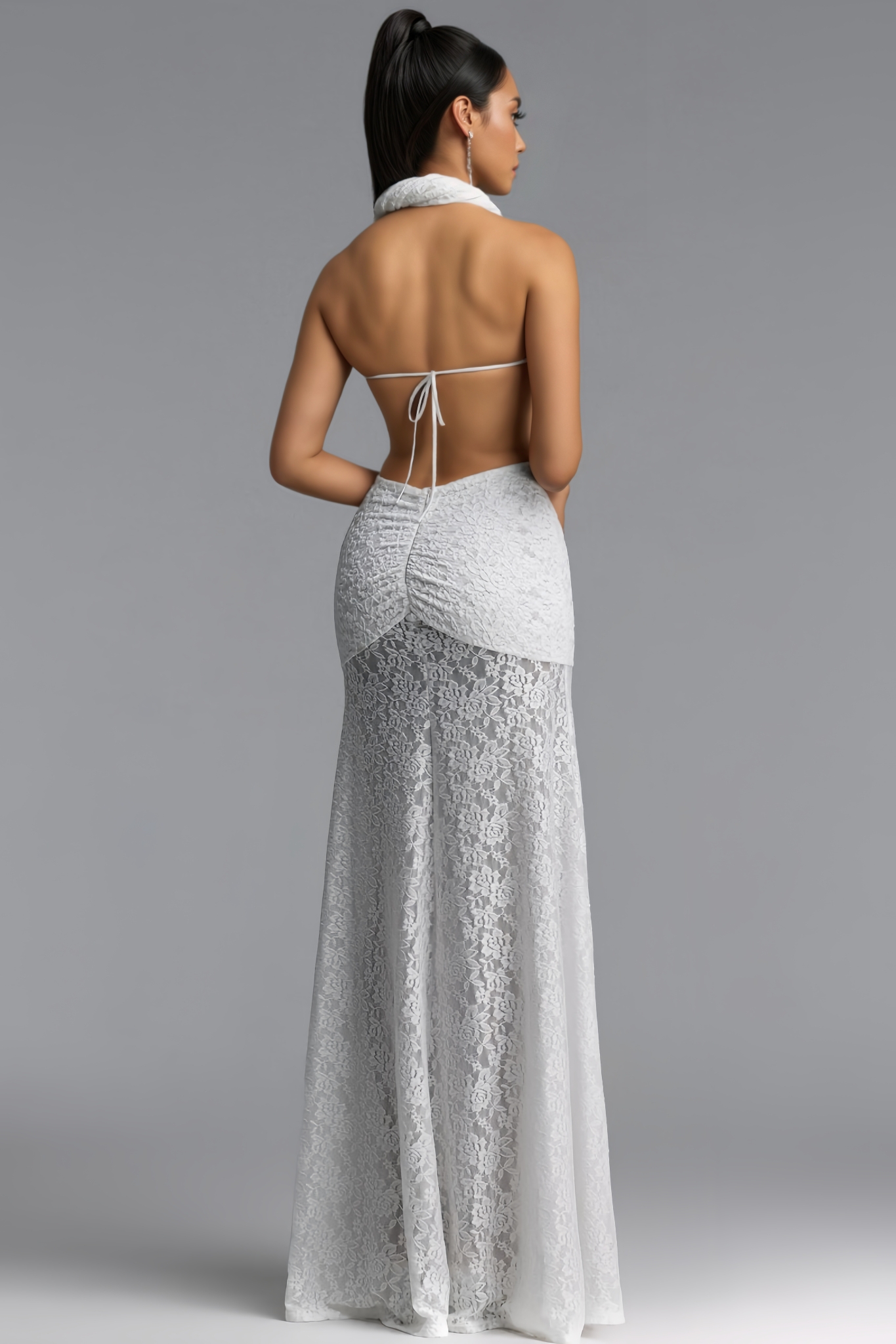Ryrel White Halter Neck Slit Ruched Lace Maxi Dress