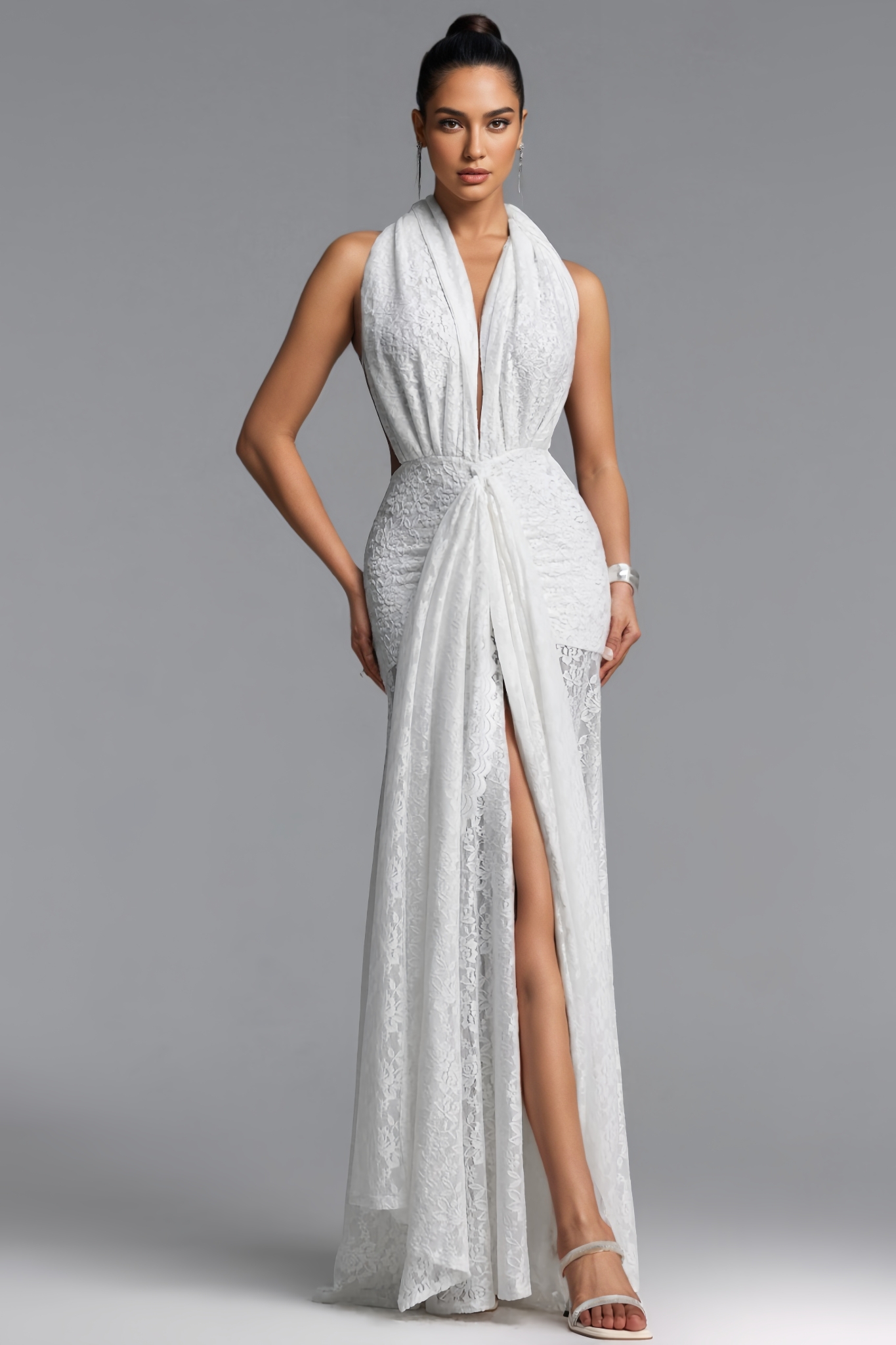 Ryrel White Halter Neck Slit Ruched Lace Maxi Dress