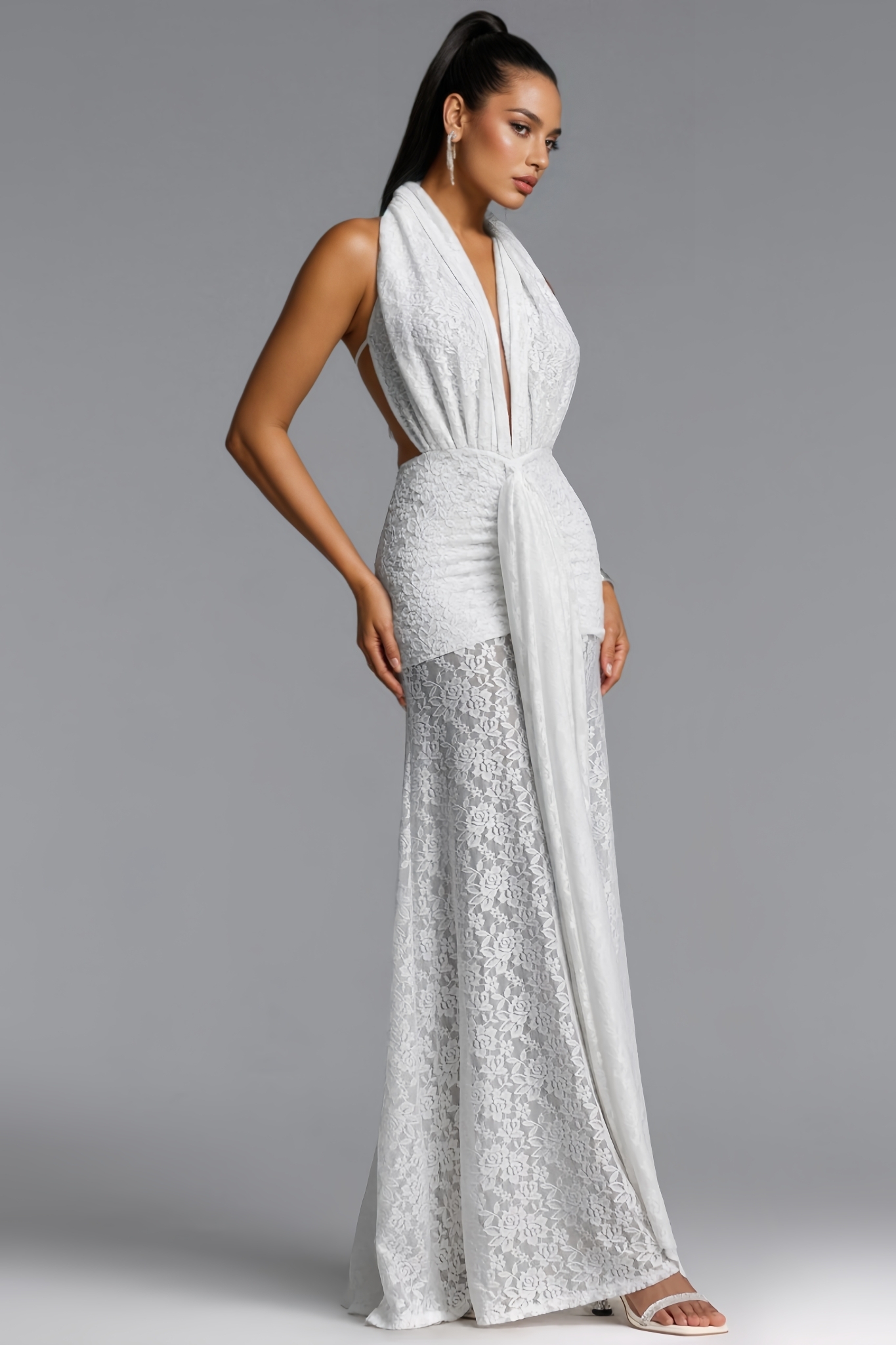 Ryrel White Halter Neck Slit Ruched Lace Maxi Dress