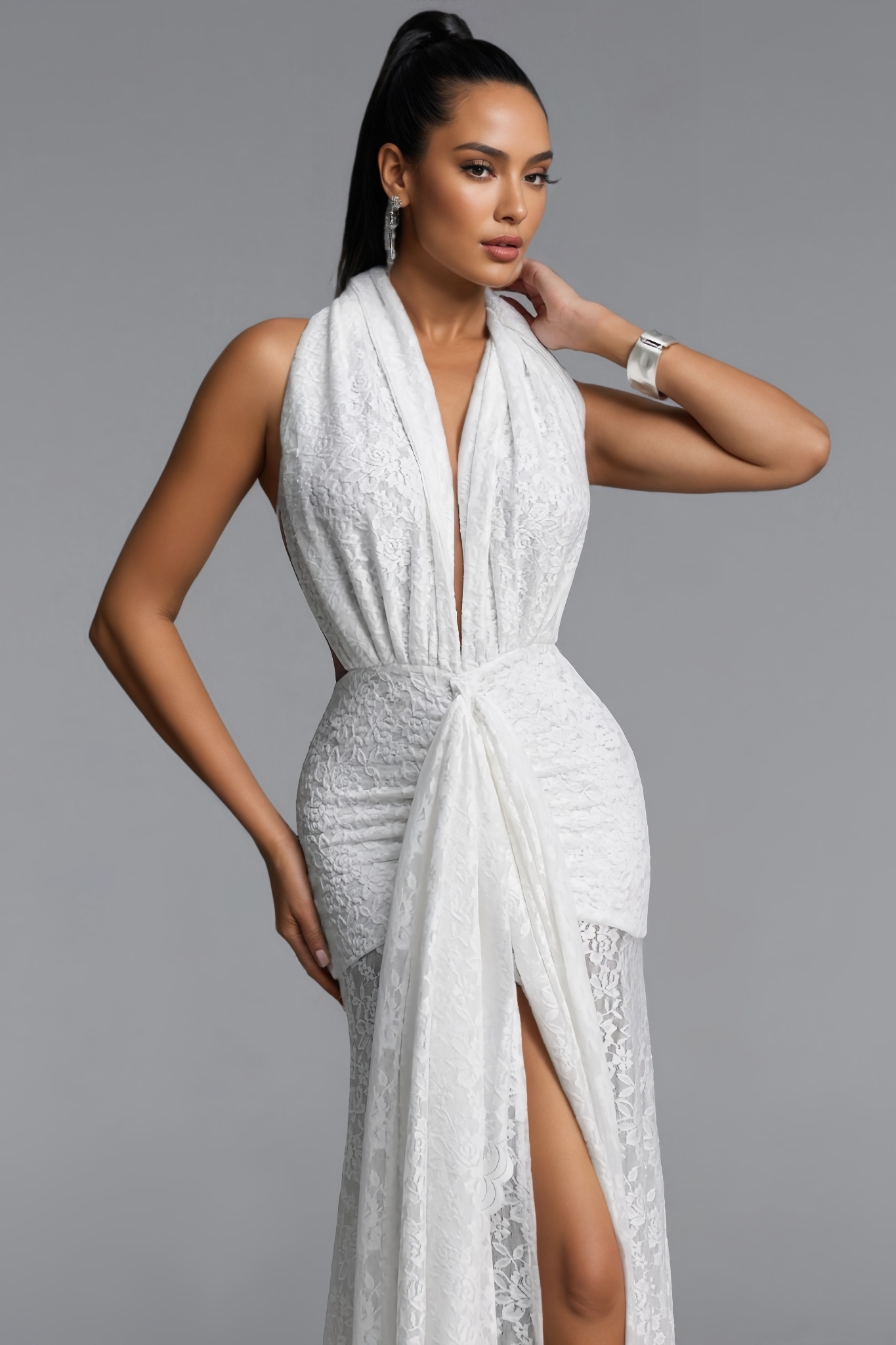 Ryrel White Halter Neck Slit Ruched Lace Maxi Dress