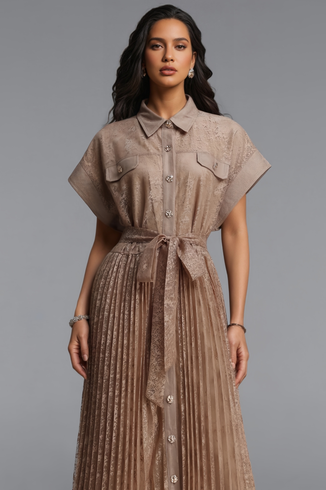 Vyrel Khaki Short Sleeve Lace Maxi Dress