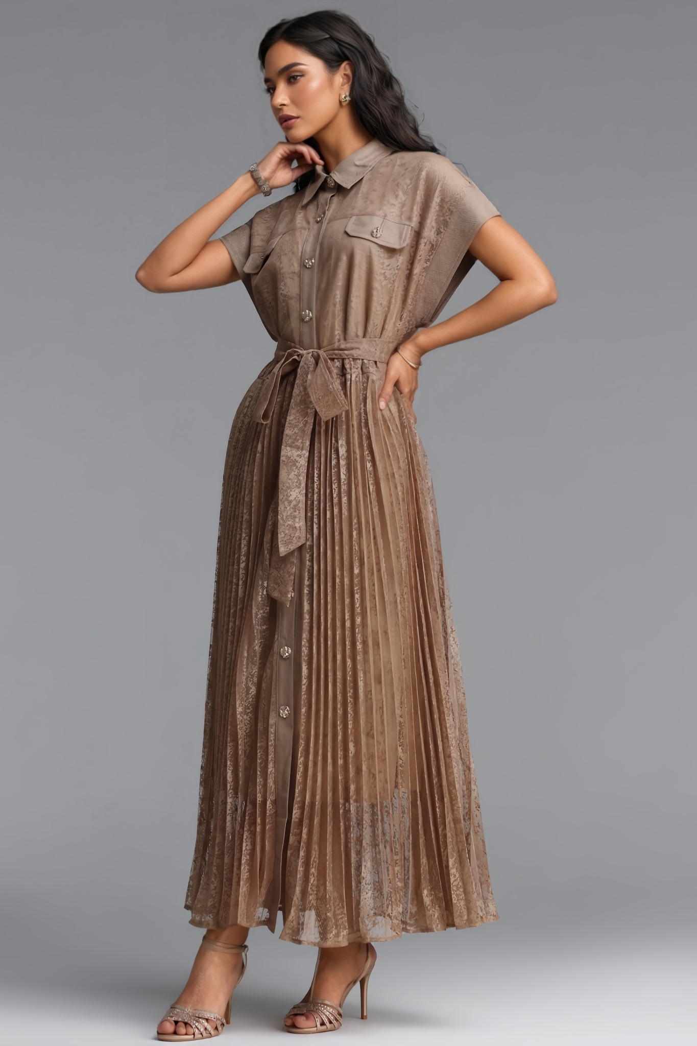 Vyrel Khaki Short Sleeve Lace Maxi Dress