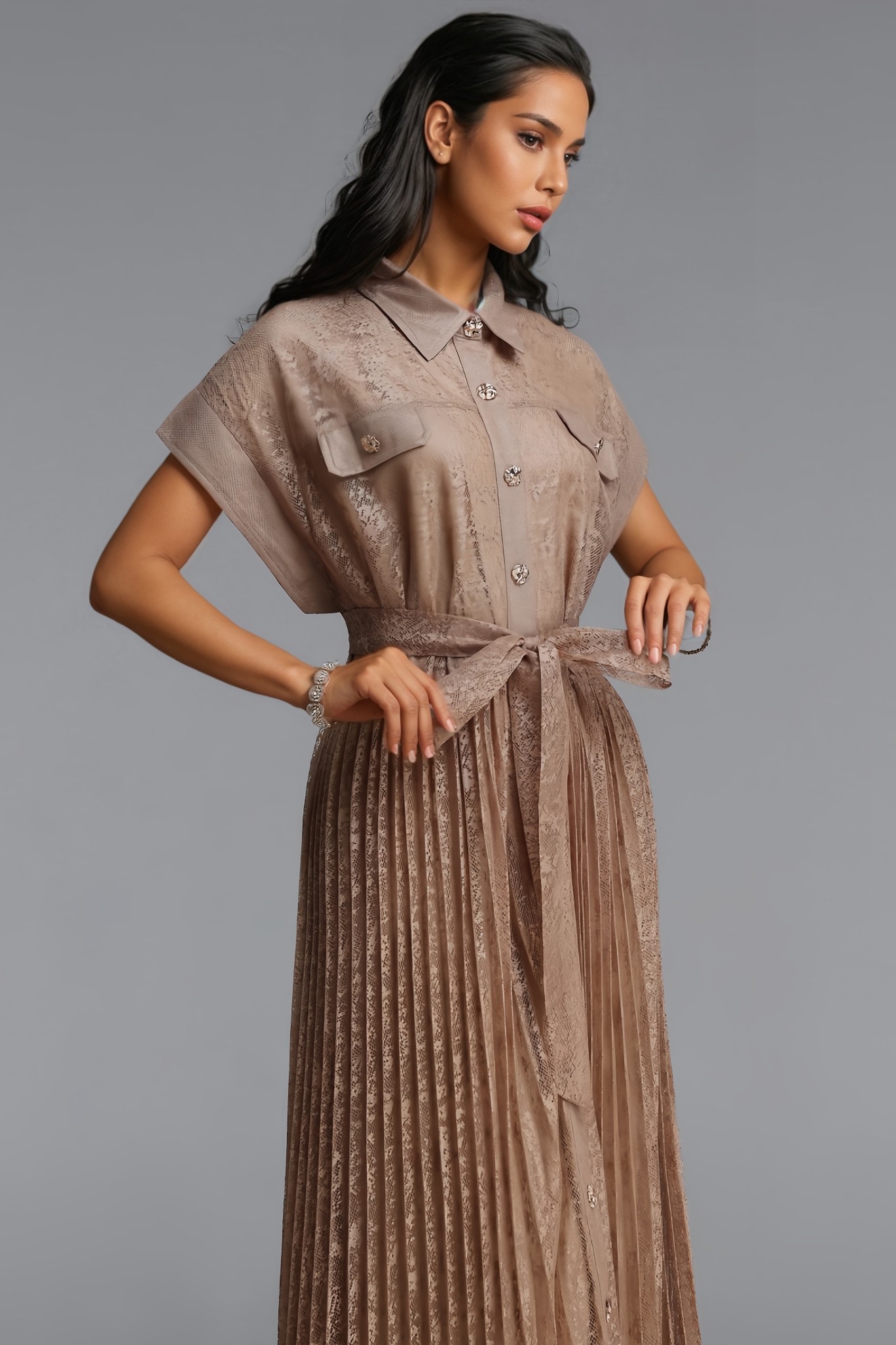 Vyrel Khaki Short Sleeve Lace Maxi Dress