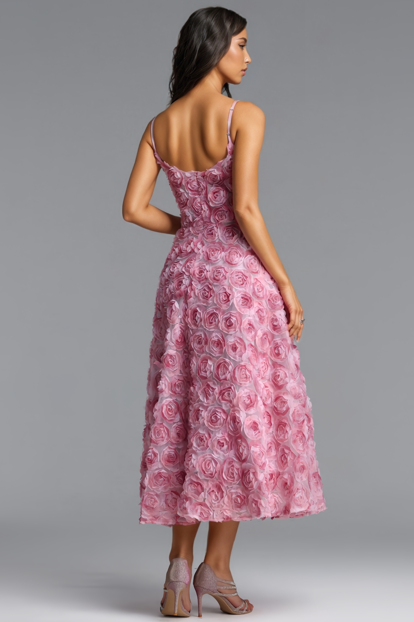 Fnoah Pink Halter 3D Floral Midi Dress